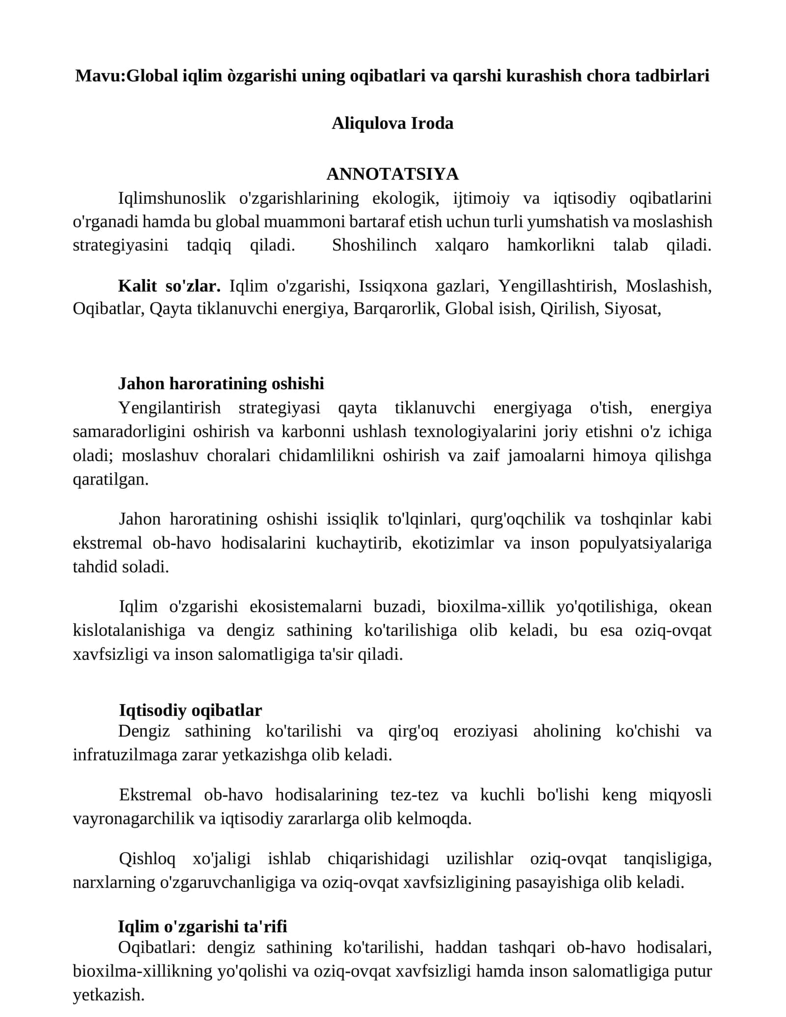 Global iqlim òzgarishi uning oqibatlari va qarshi kurashish chora tadbirlari