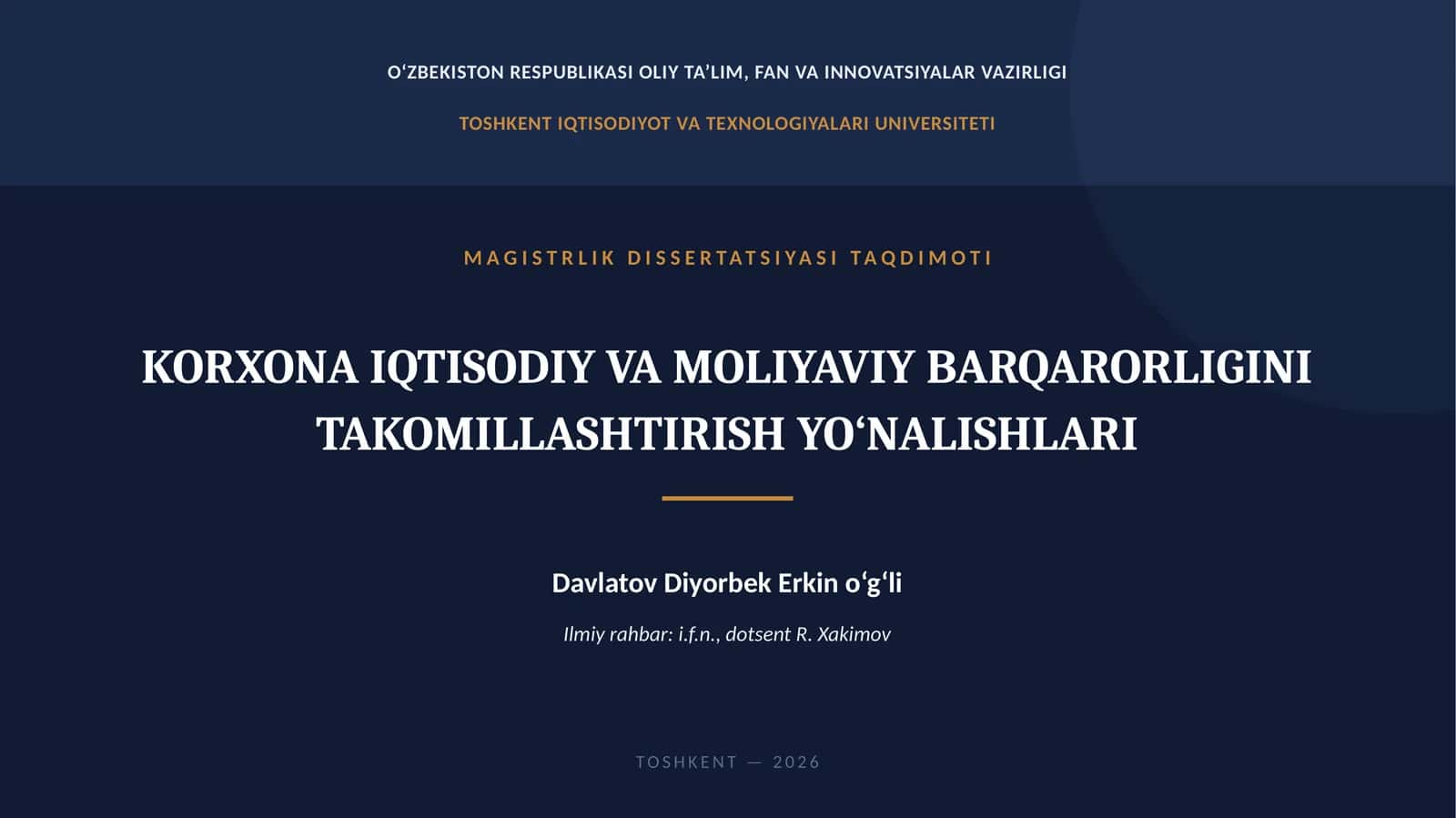 MAGISTRLIK DISSERTATSIYASI TAQDIMOTI