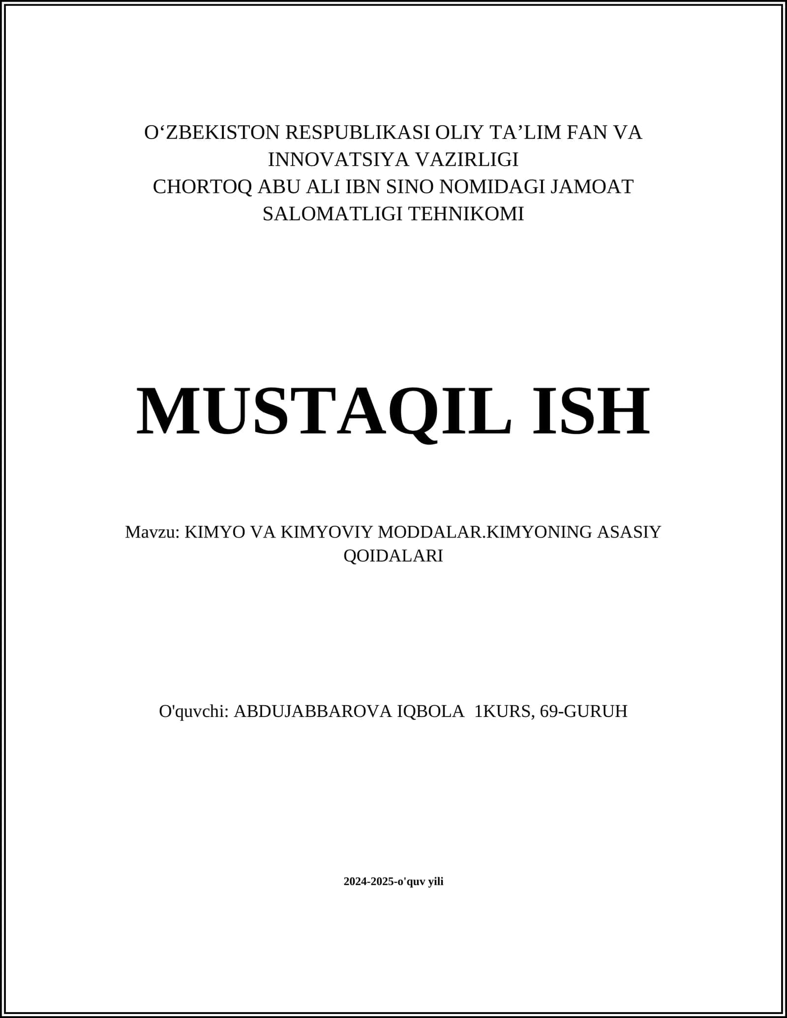 KIMYO VA KIMYOVIY MODDALAR.KIMYONING ASASIY QOIDALARI