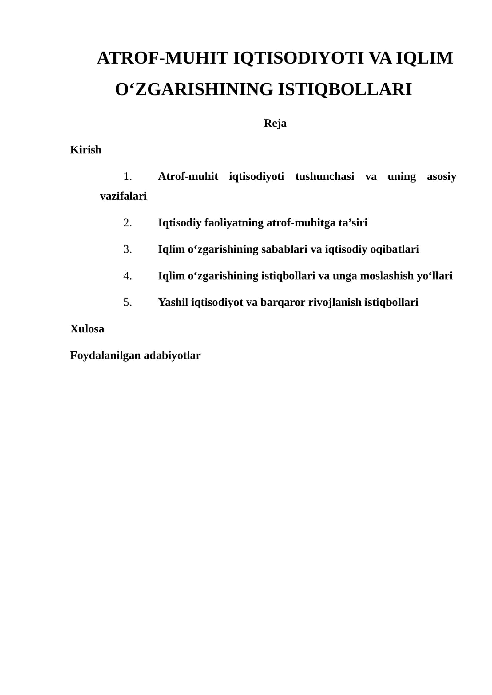 ATROF-MUHIT IQTISODIYOTI VA IQLIM O‘ZGARISHINING ISTIQBOLLARI
