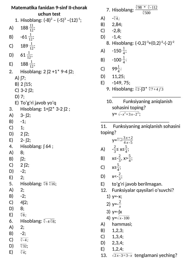 Matematika fanidan 9-sinf II-chorak uchun test