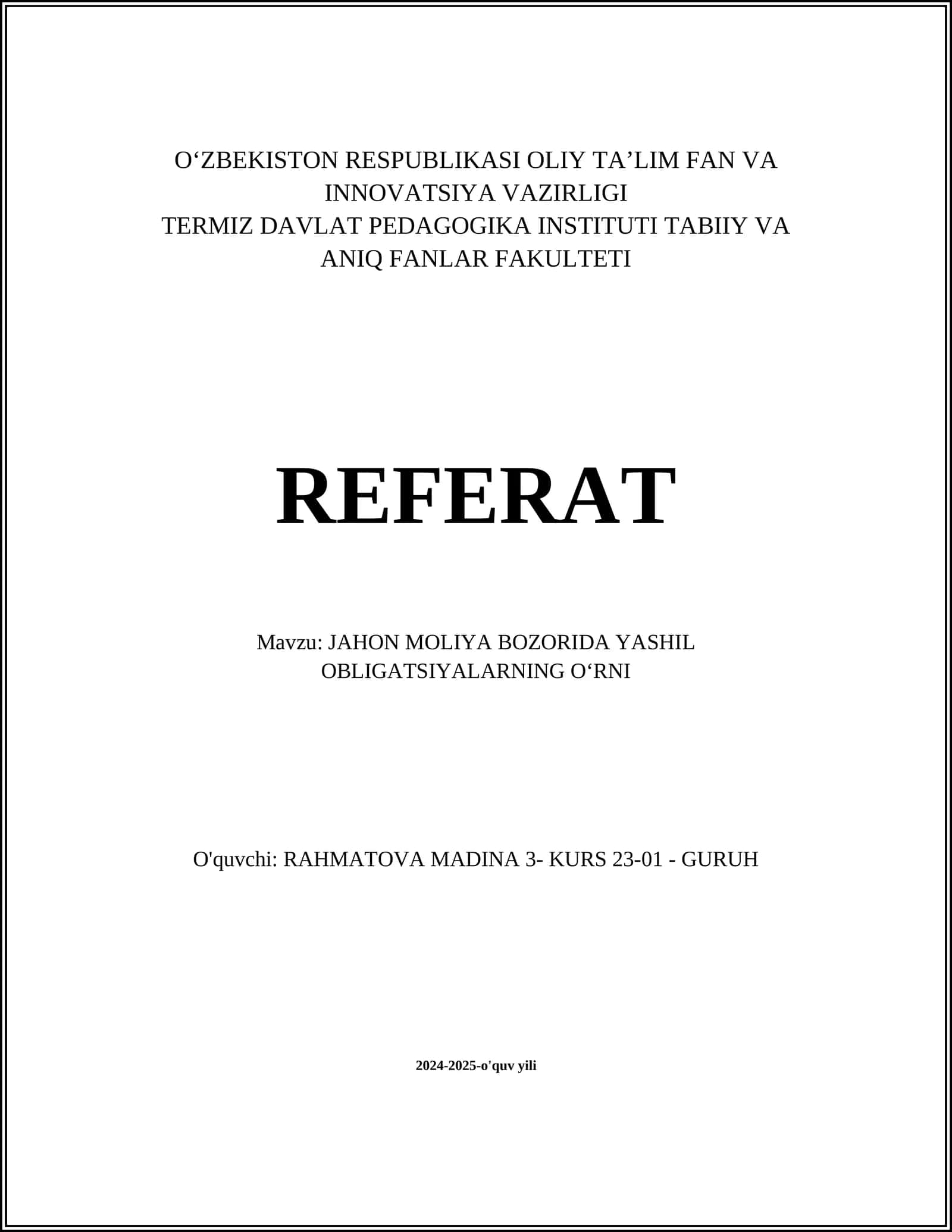 JAHON MOLIYA BOZORIDA YASHIL OBLIGATSIYALARNING OʻRNI