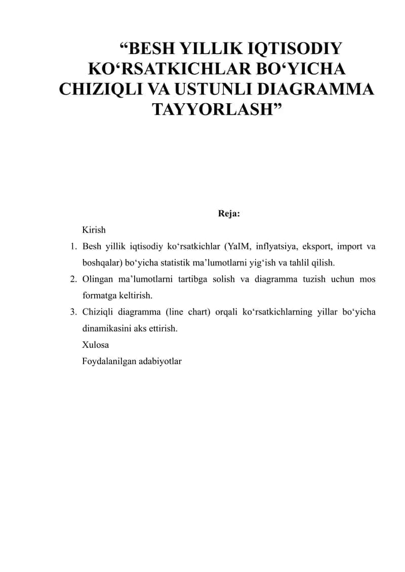 Besh yillik iqtisodiy ko‘rsatkichlar bo‘yicha chiziqli va ustunli diagramma tayyorlash