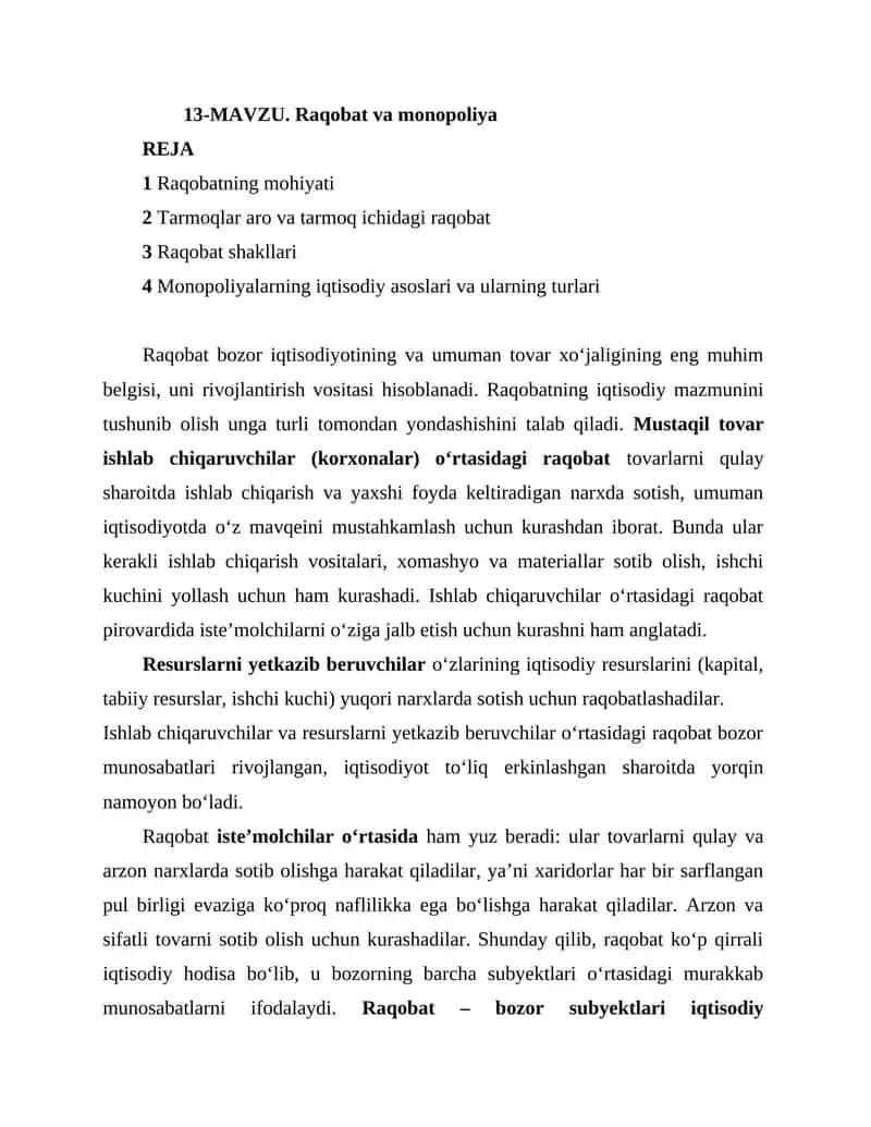 Raqobat va Monopoliya