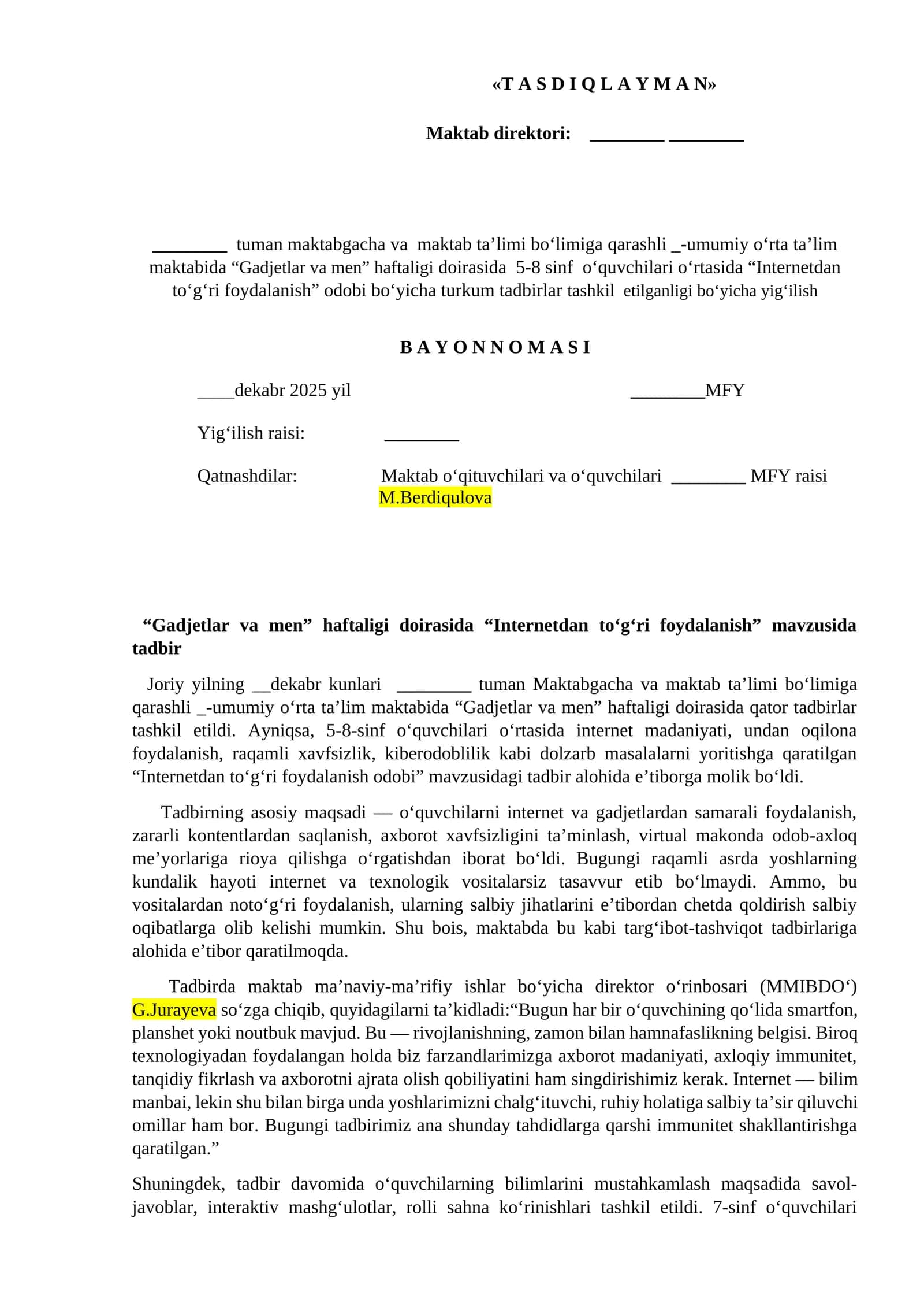"Gadjetlar va men" haftaligi doirasida "Internetdan to‘g‘ri foydalanish" mavzusida tadbir