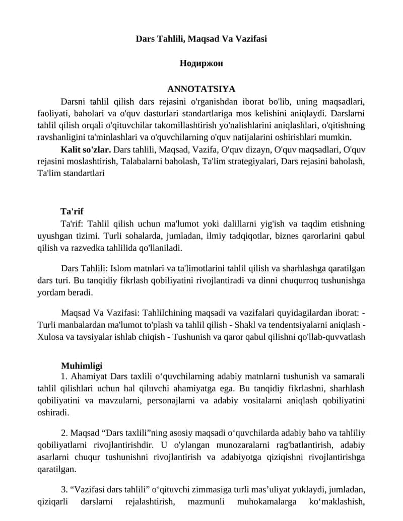 Dars Tahlili, Maqsad Va Vazifasi