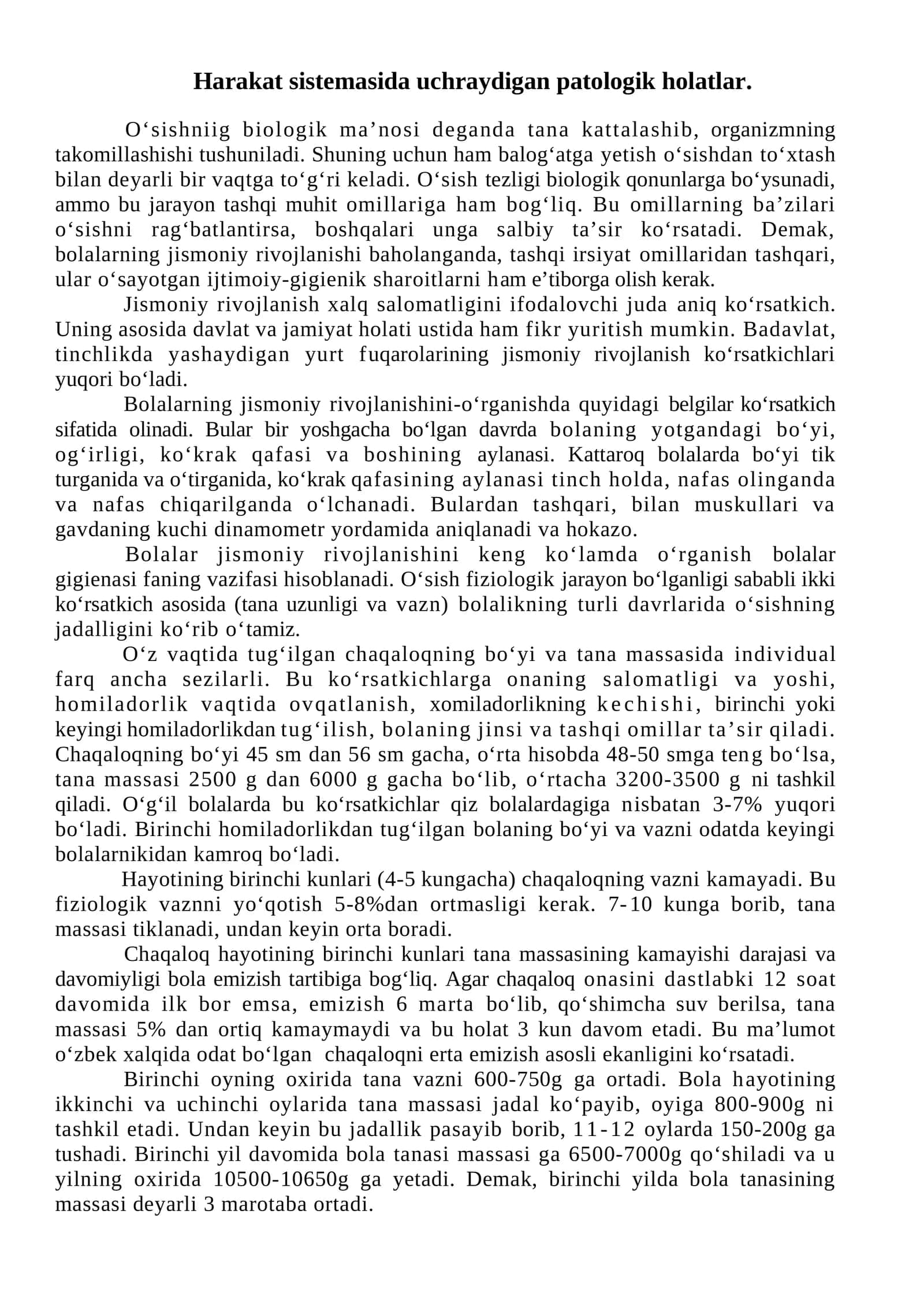 Harakat sistemasida uchraydigan patologik holatlar