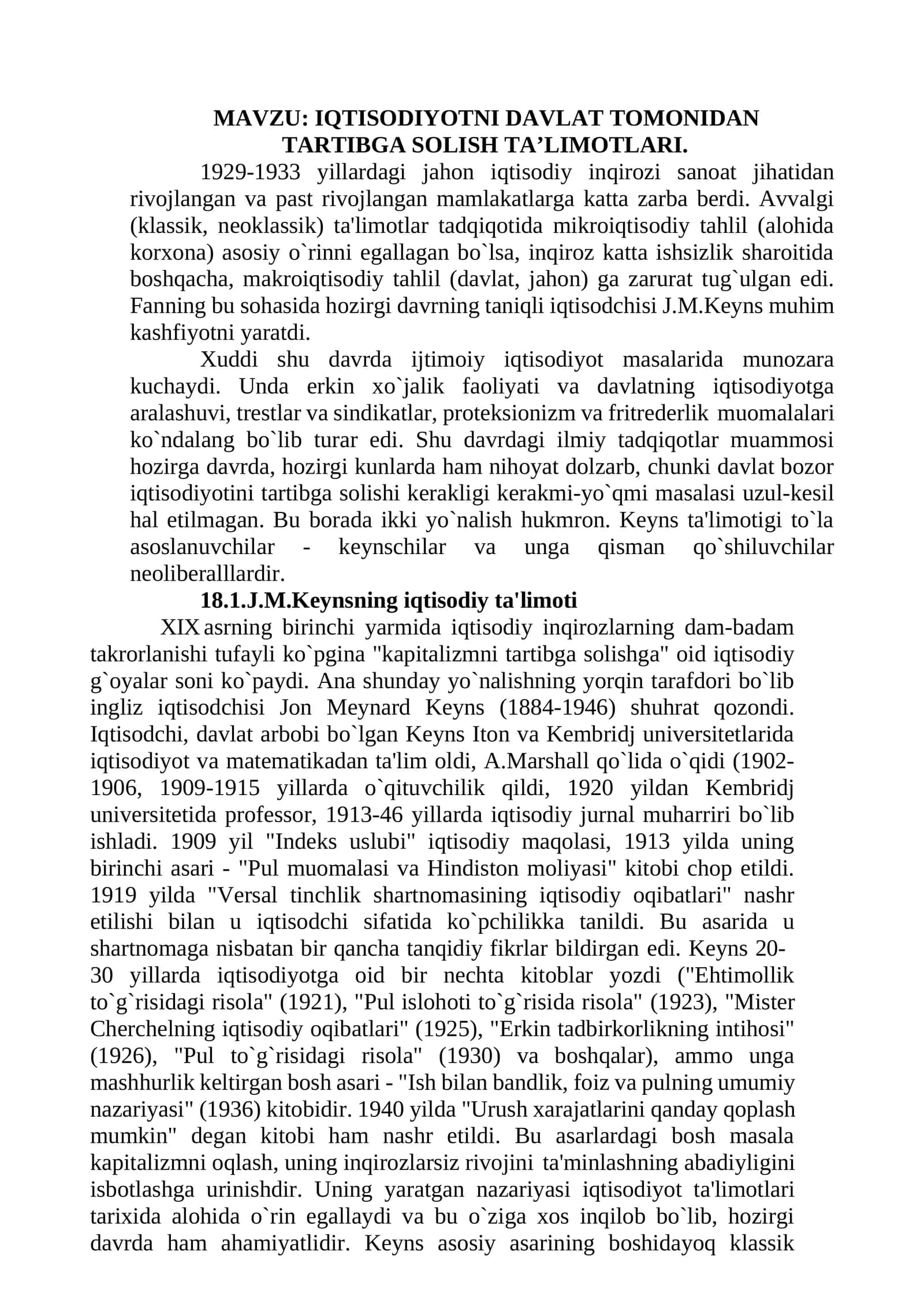 IQTISODIYOTNI DAVLAT TOMONIDAN TARTIBGA SOLISH TA’LIMOTLARI