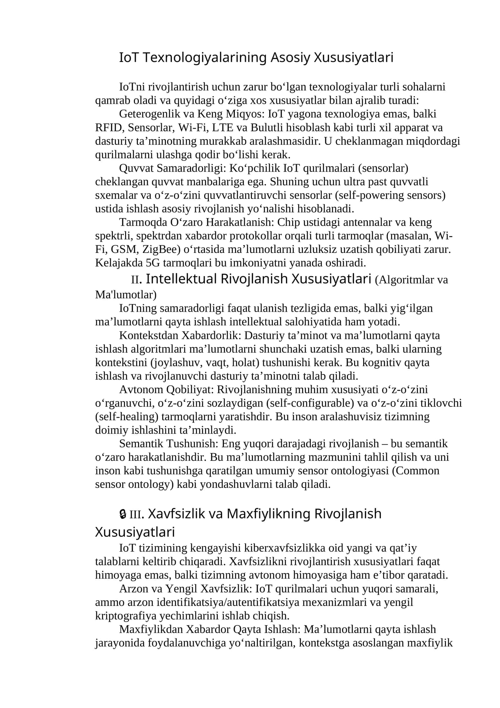 IoT Texnologiyalarining Asosiy Xususiyatlari