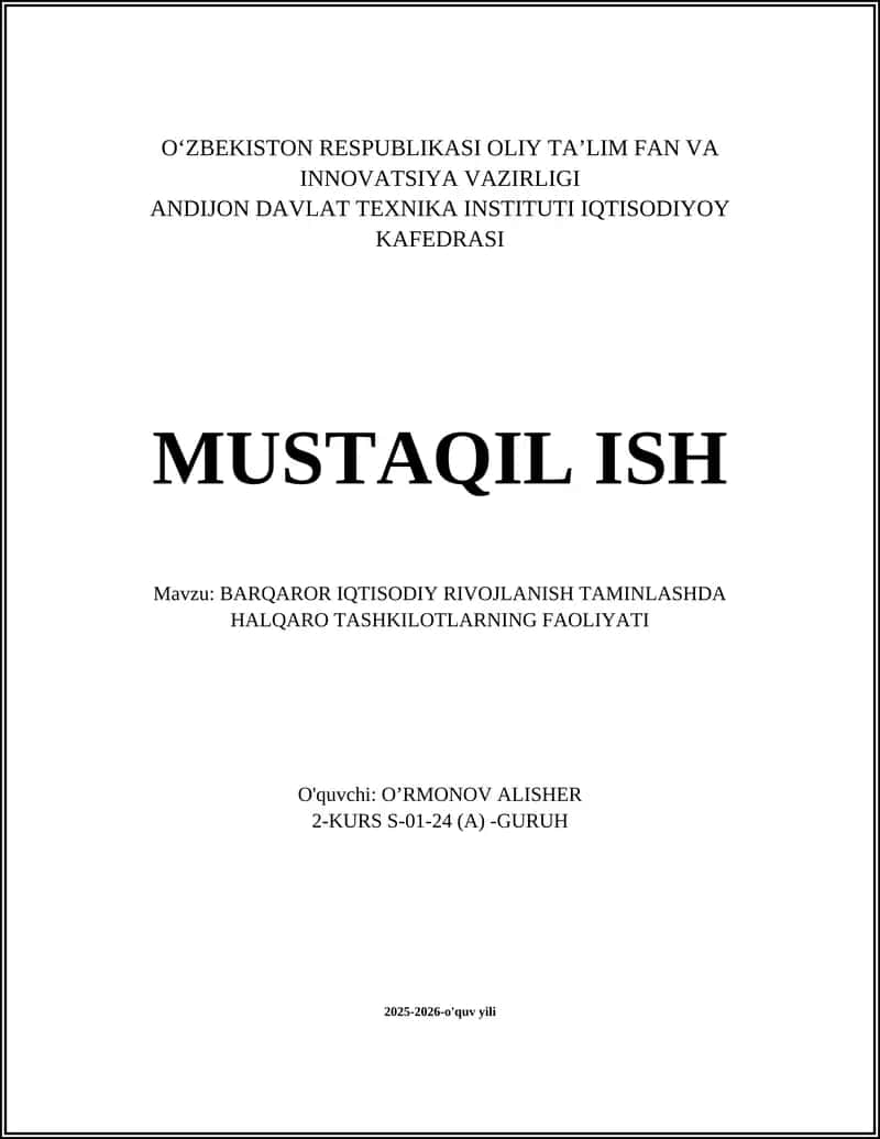 BARQAROR IQTISODIY RIVOJLANISH TAMINLASHDA HALQARO TASHKILOTLARNING FAOLIYATI