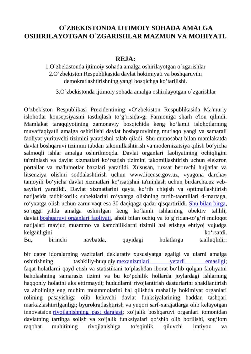 O'ZBEKISTONDA IJTIMOIY SOHADA AMALGA OSHIRILAYOTGAN O`ZGARISHLAR MAZMUN VA MOHIYATI