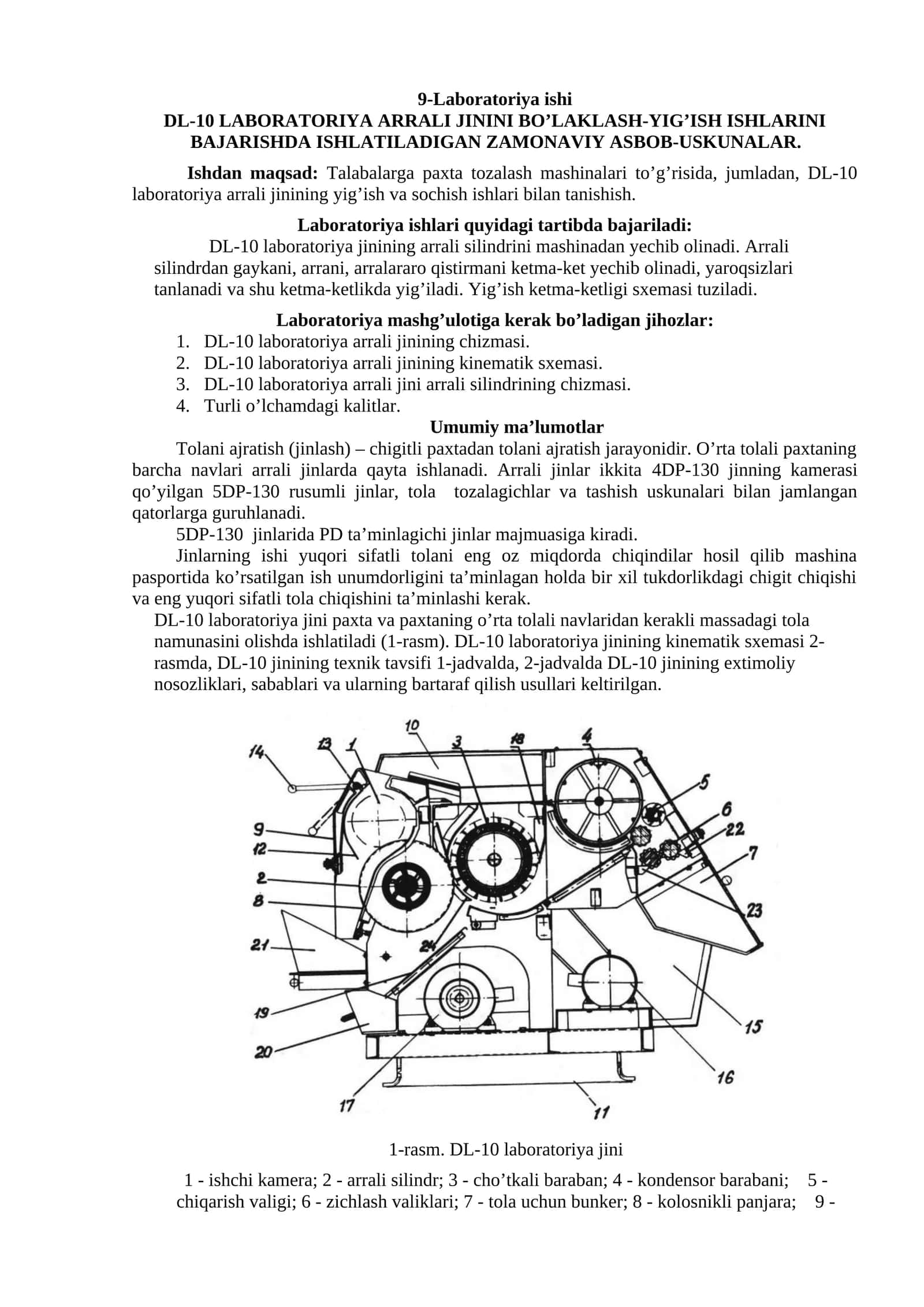 DL-10 LABORATORIYA ARRALI JININI BO’LAKLASH-YIG’ISH ISHLARINI BAJARISHDA ISHLATILADIGAN ZAMONAVIY ASBOB-USKUNALAR.