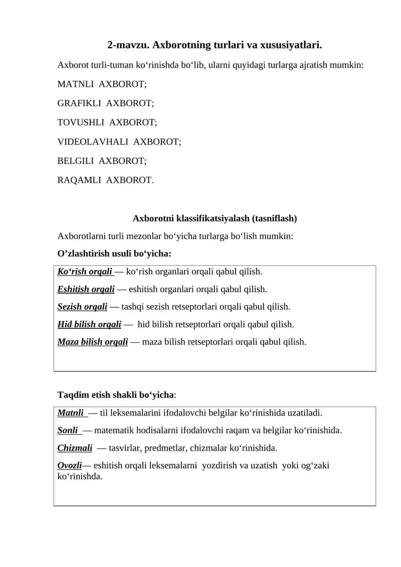 2-mavzu. Axborotning turlari va xususiyatlari