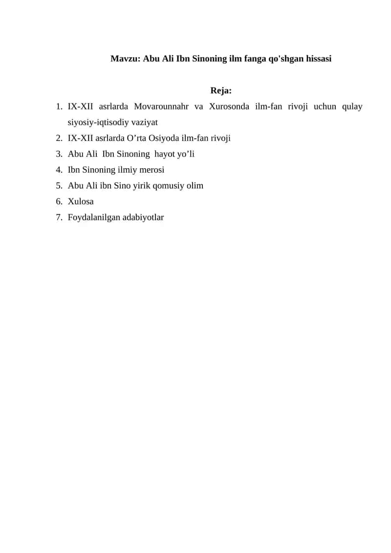 Abu Ali Ibn Sinoning ilm fanga qo'shgan hissasi