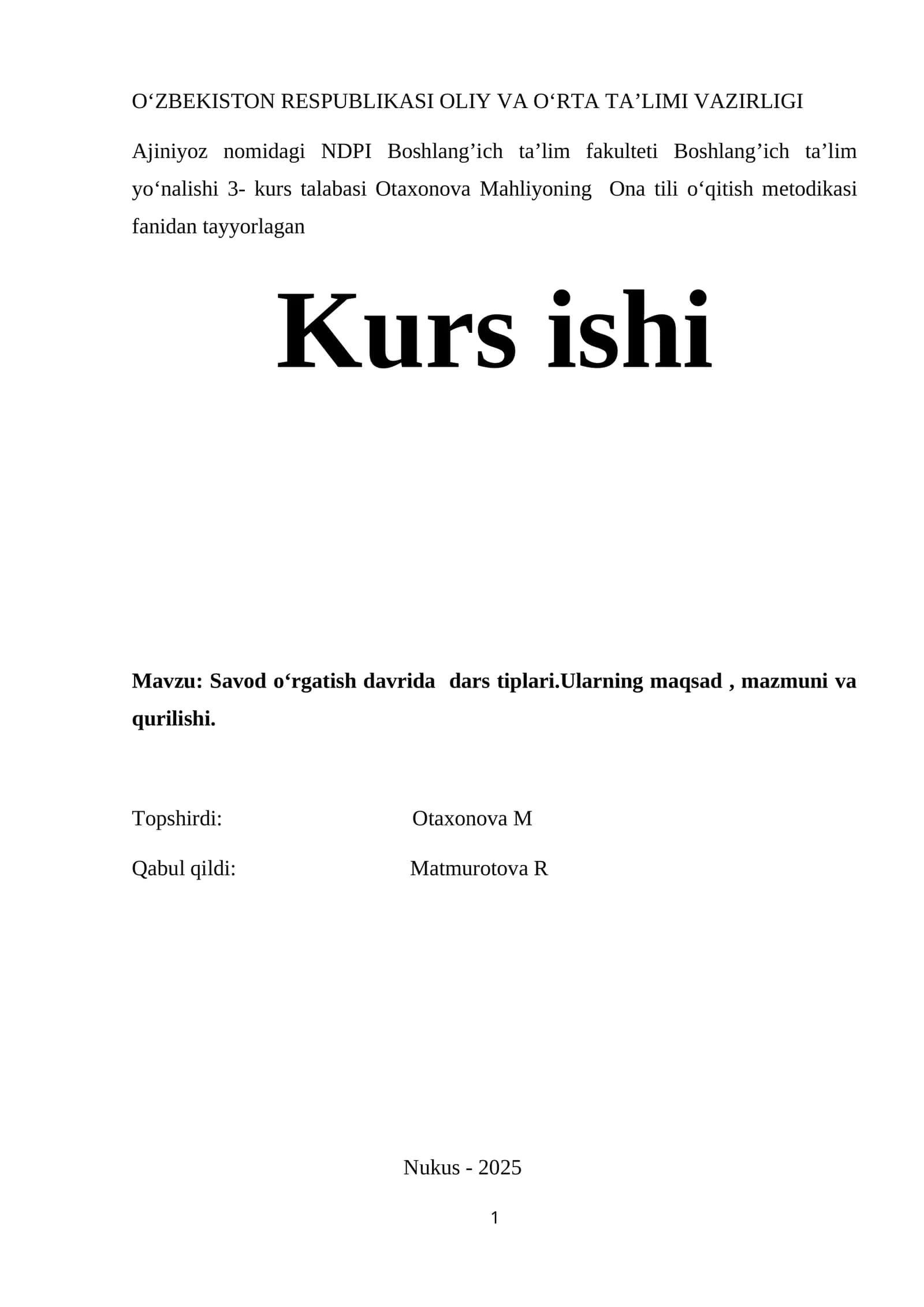 Otaxonova Mahliyoning Ona tili o‘qitish metodikasi