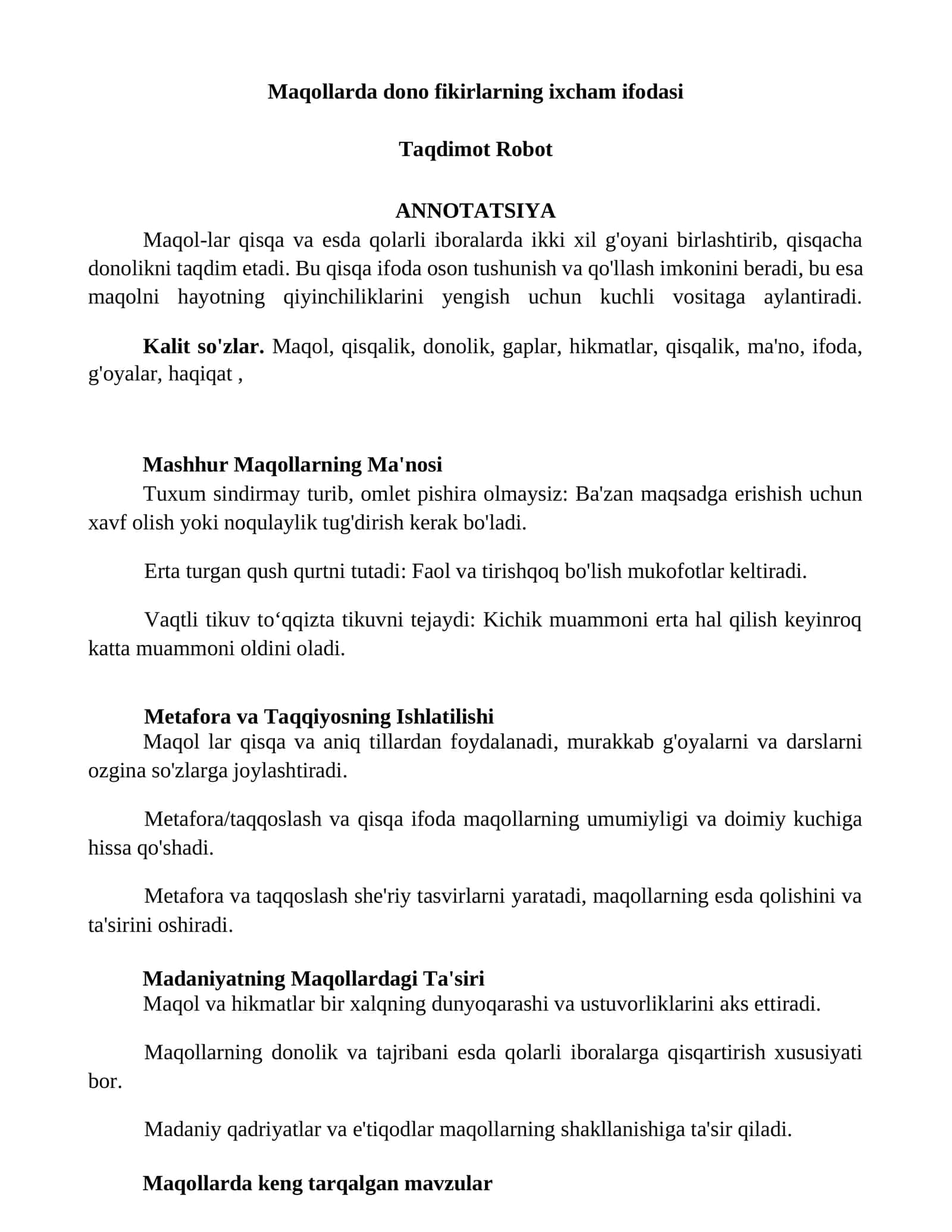 Maqollarda dono fikirlarning ixcham ifodasi