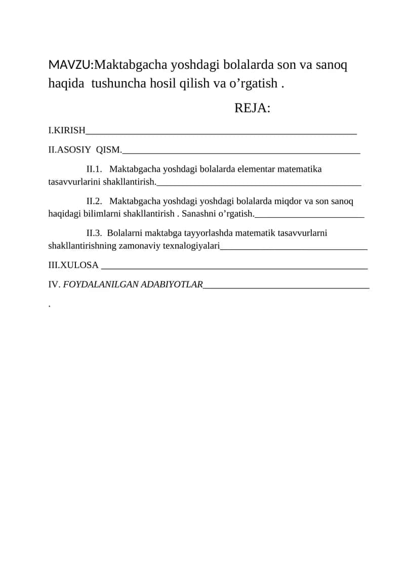 Maktabgacha yoshdagi bolalarda son va sanoq haqida  tushuncha hosil qilish va o’rgatish