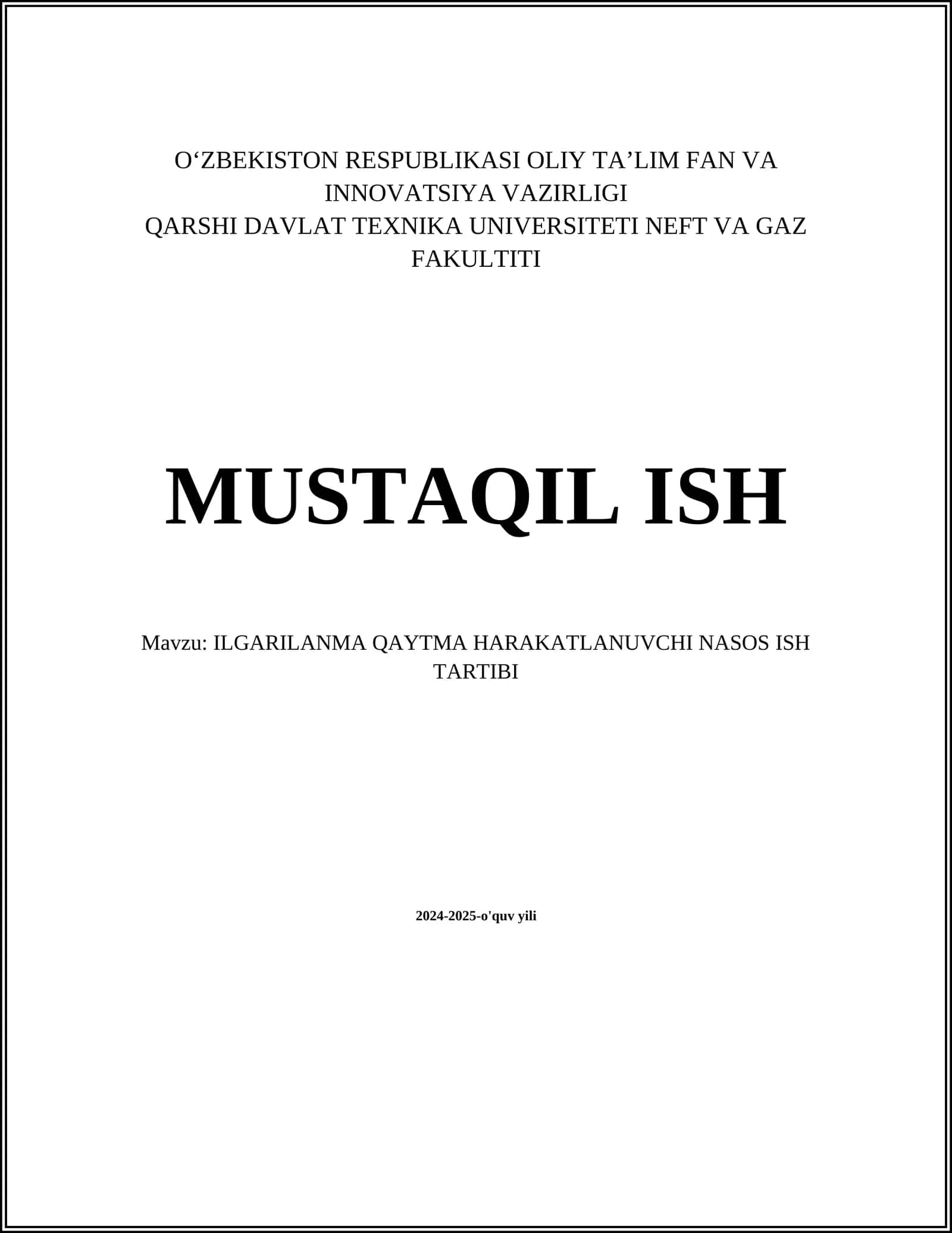 ILGARILANMA QAYTMA HARAKATLANUVCHI NASOS ISH TARTIBI