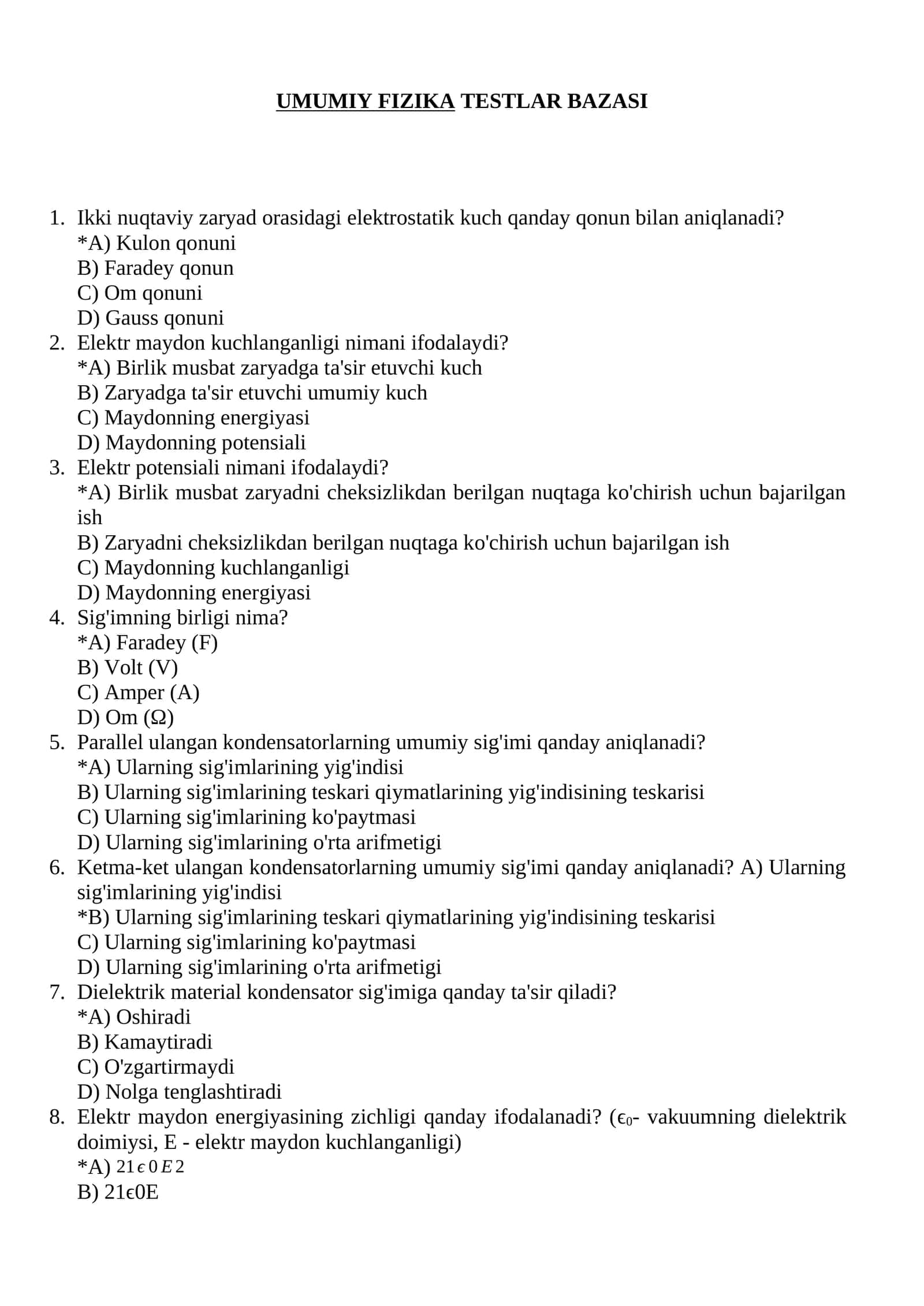 UMUMIY FIZIKA TESTLAR BAZASI