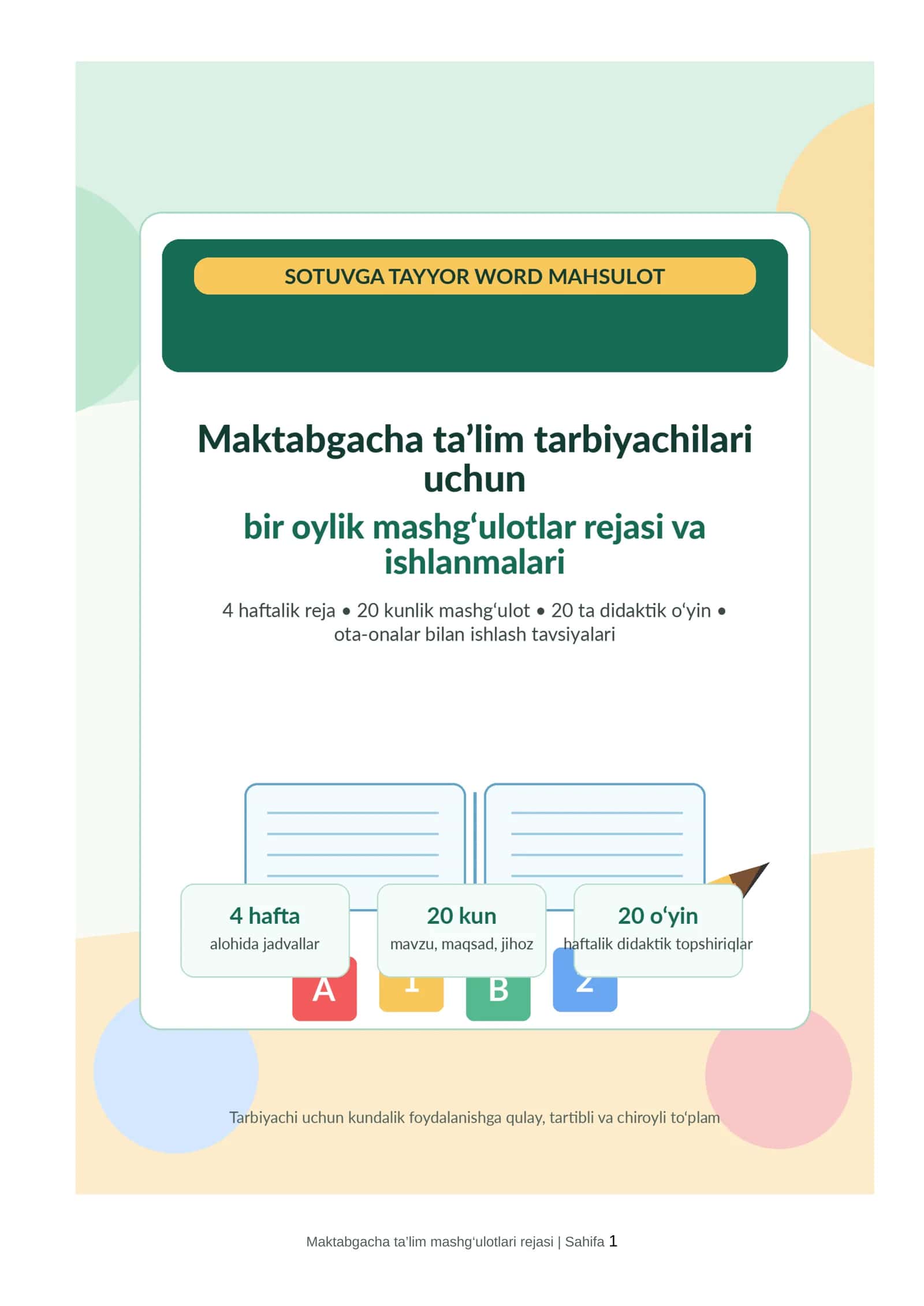 Maktabgacha ta’lim tarbiyachilari uchun bir oylik mashg‘ulotlar rejasi va ishlanmalari