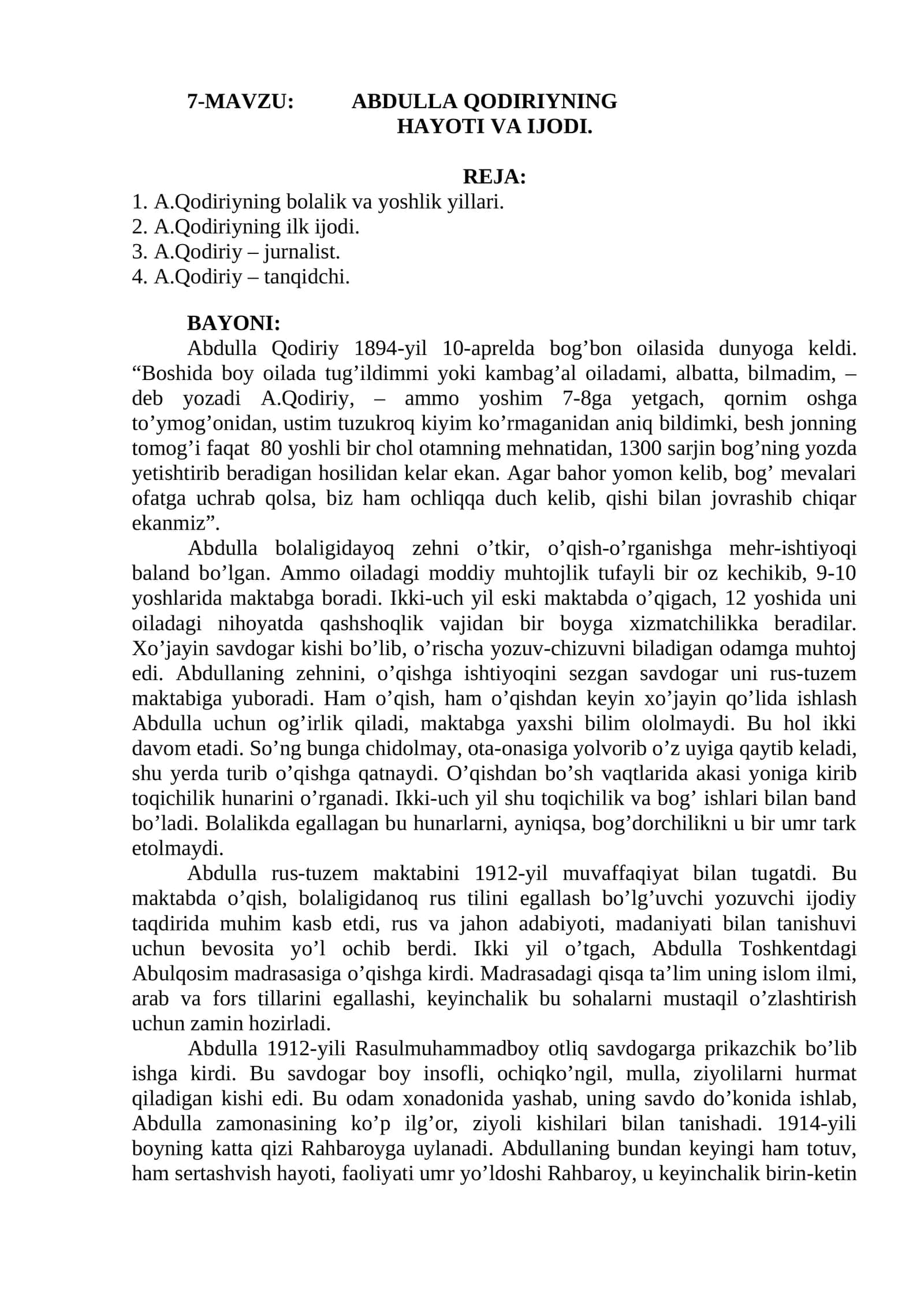 ABDULLA QODIRIYNING HAYOTI VA IJODI