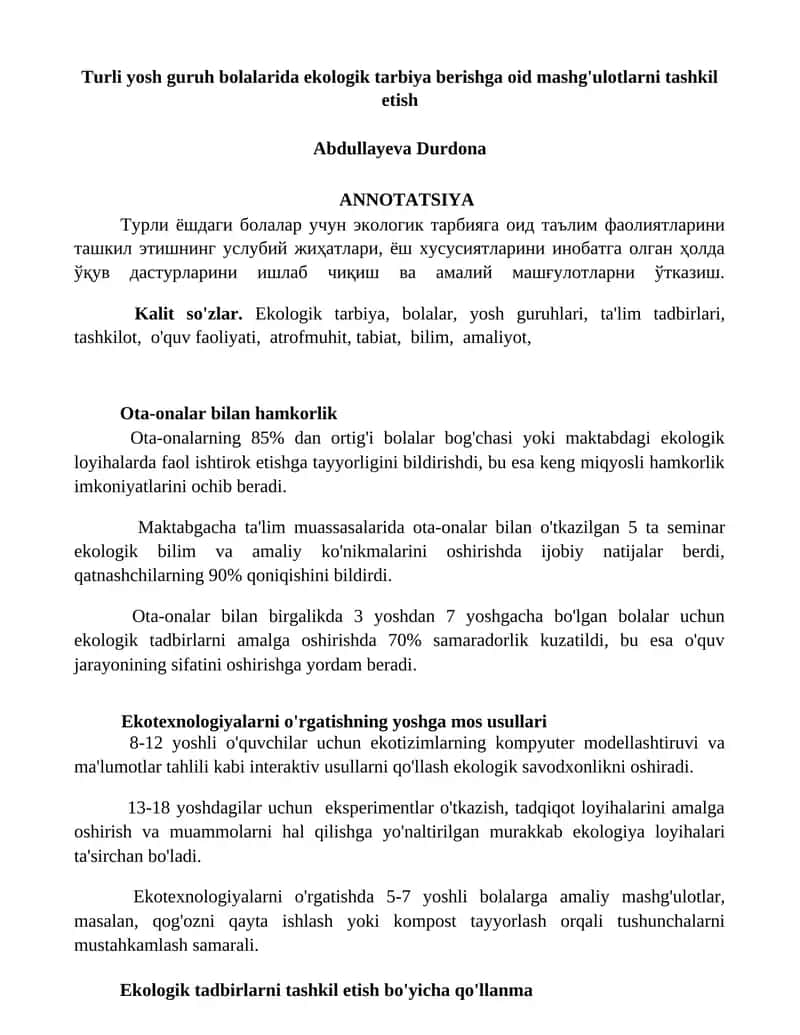 Turli yosh guruh bolalarida ekologik tarbiya berishga oid mashg'ulotlarni tashkil etish