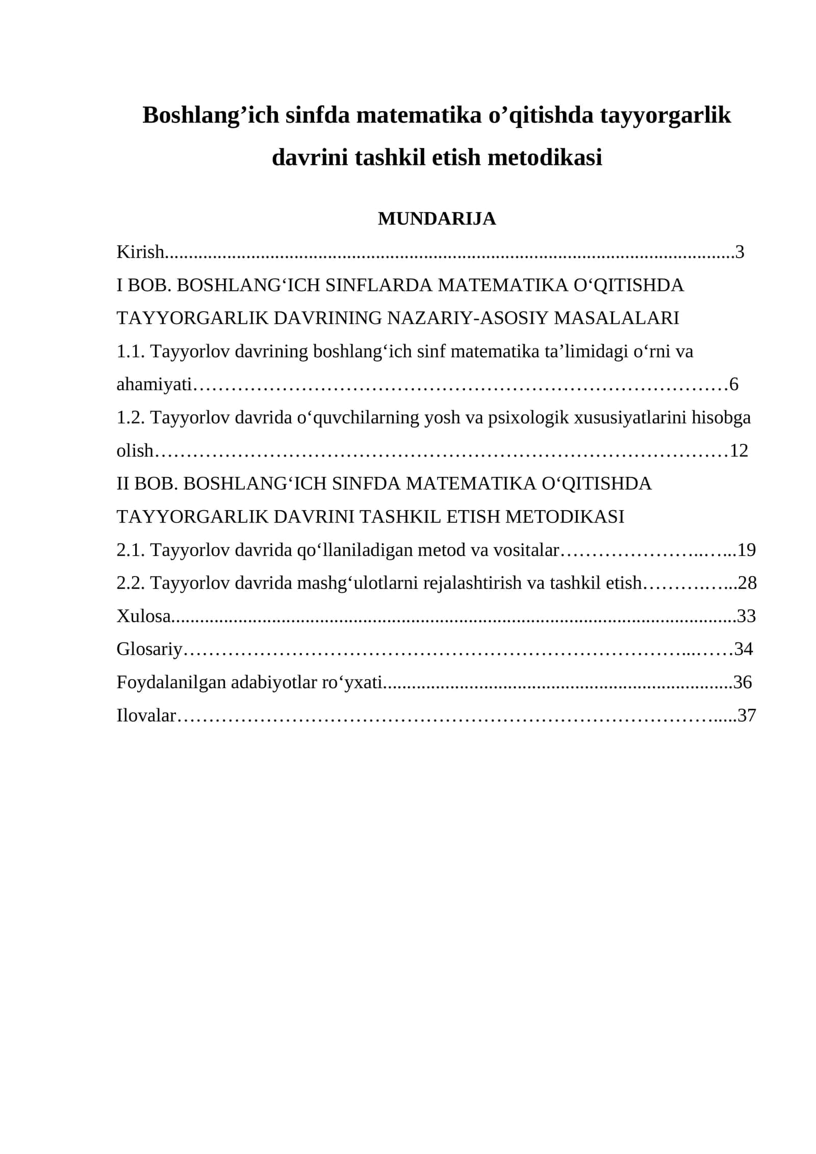 Boshlang'ich sinfda matematika o'qitishda tayyorgarlik davrini tashkil etish metodikasi