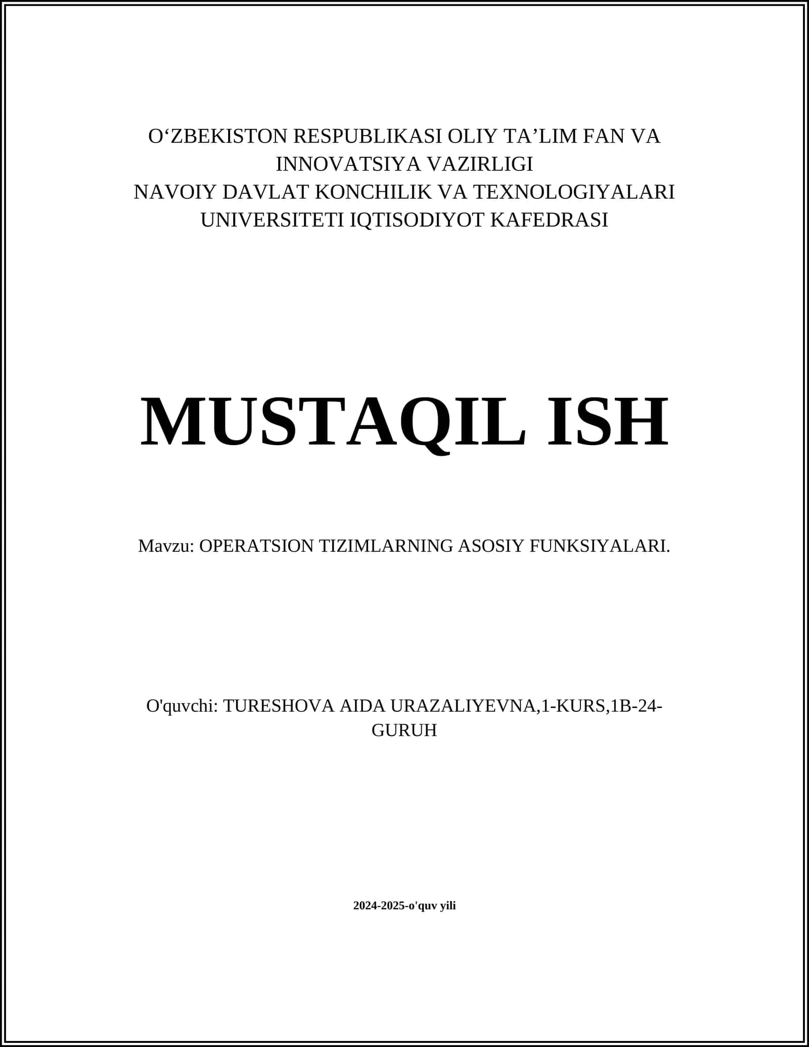 OPERATSION TIZIMLARNING ASOSIY FUNKSIYALARI