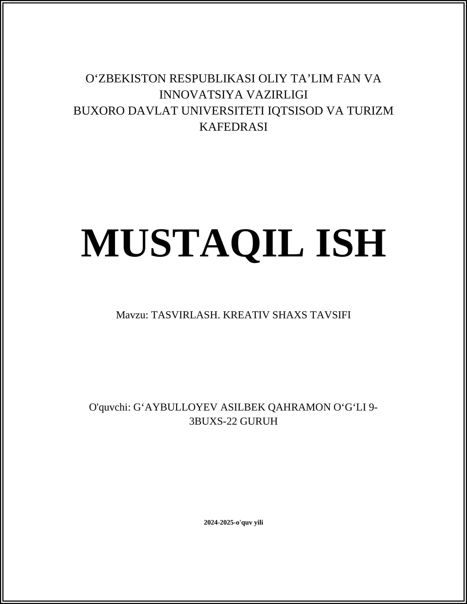 TASVIRLASH. KREATIV SHAXS TAVSIFI