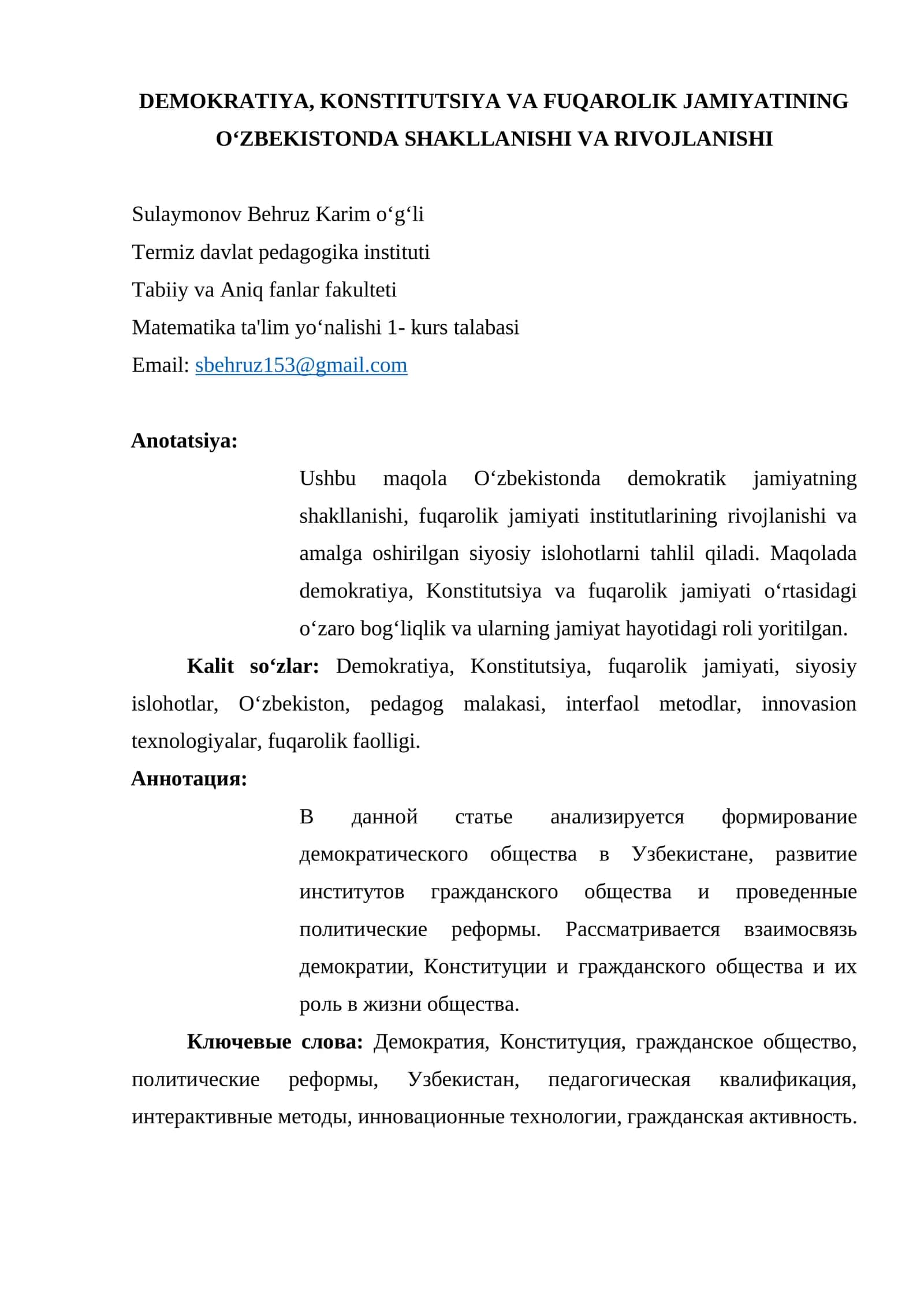 DEMOKRATIYA, KONSTITUTSIYA VA FUQAROLIK JAMIYATINING O‘ZBEKISTONDA SHAKLLANISHI VA RIVOJLANISHI