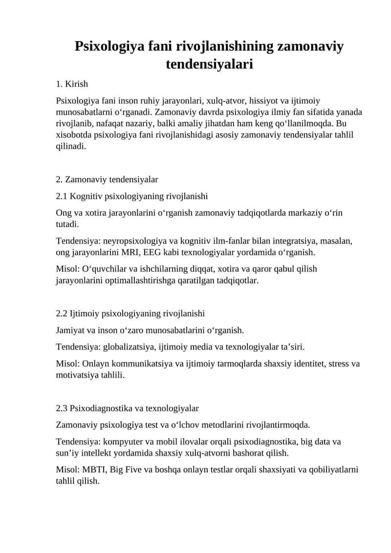 Psixologiya fani rivojlanishining zamonaviy tendensiyalari