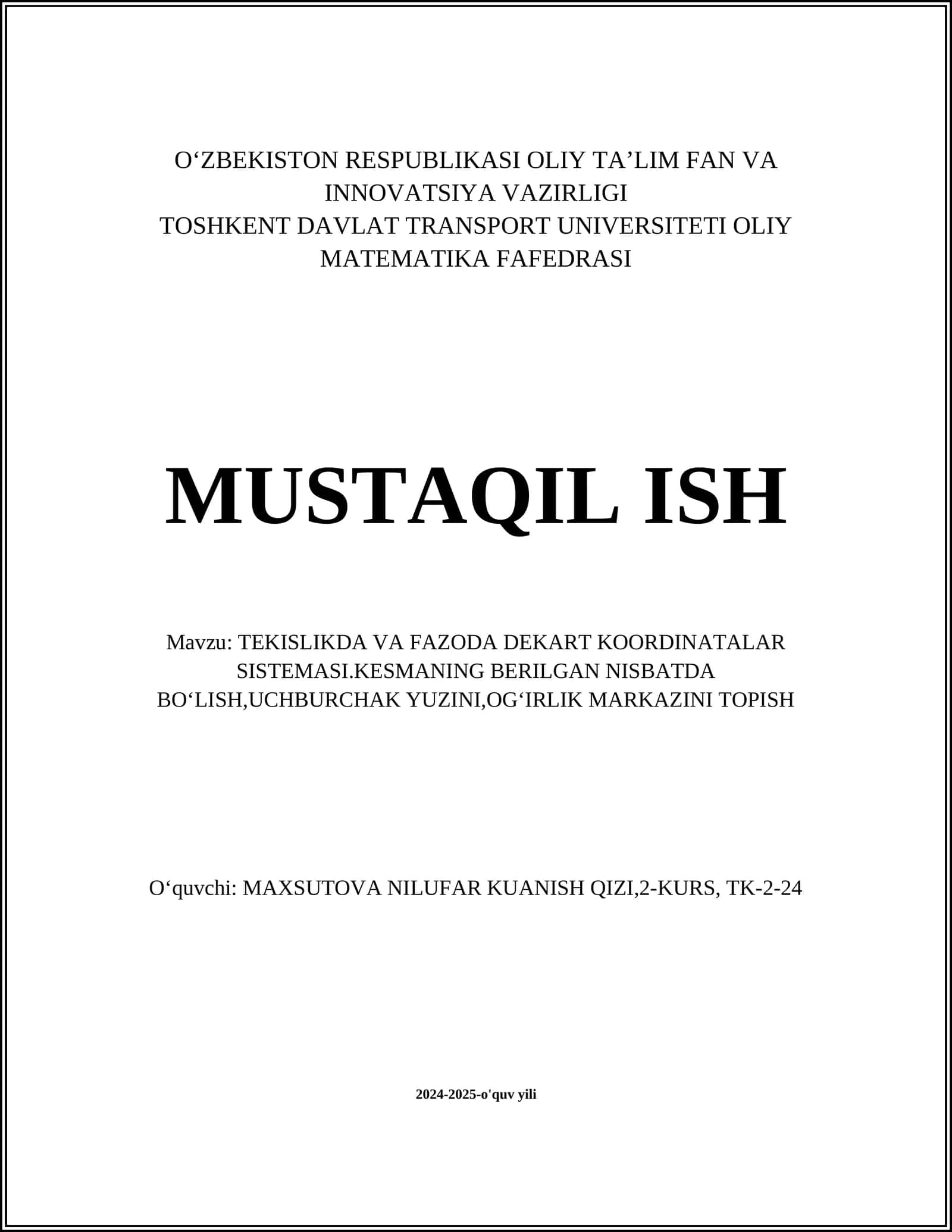 TEKISLIKDA VA FAZODA DEKART KOORDINATALAR SISTEMASI