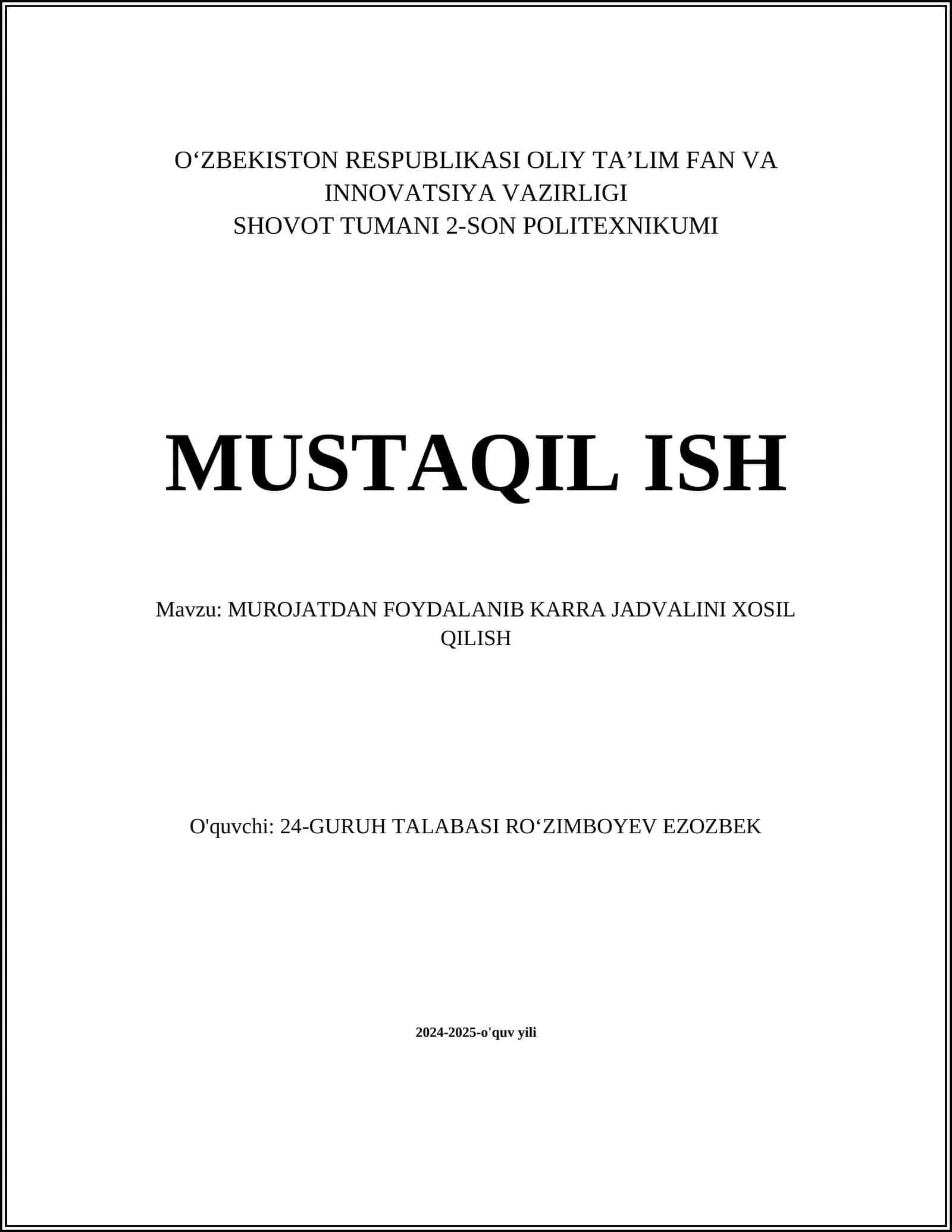 Karra jadvali (multiplikatsion jadval)