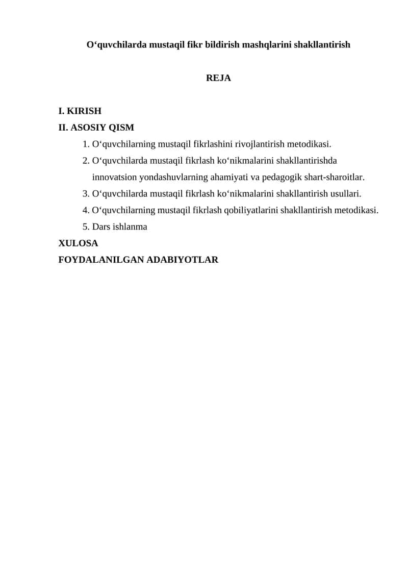 Oʼquvchilarda mustaqil fikr bildirish mashqlarini shakllantirish