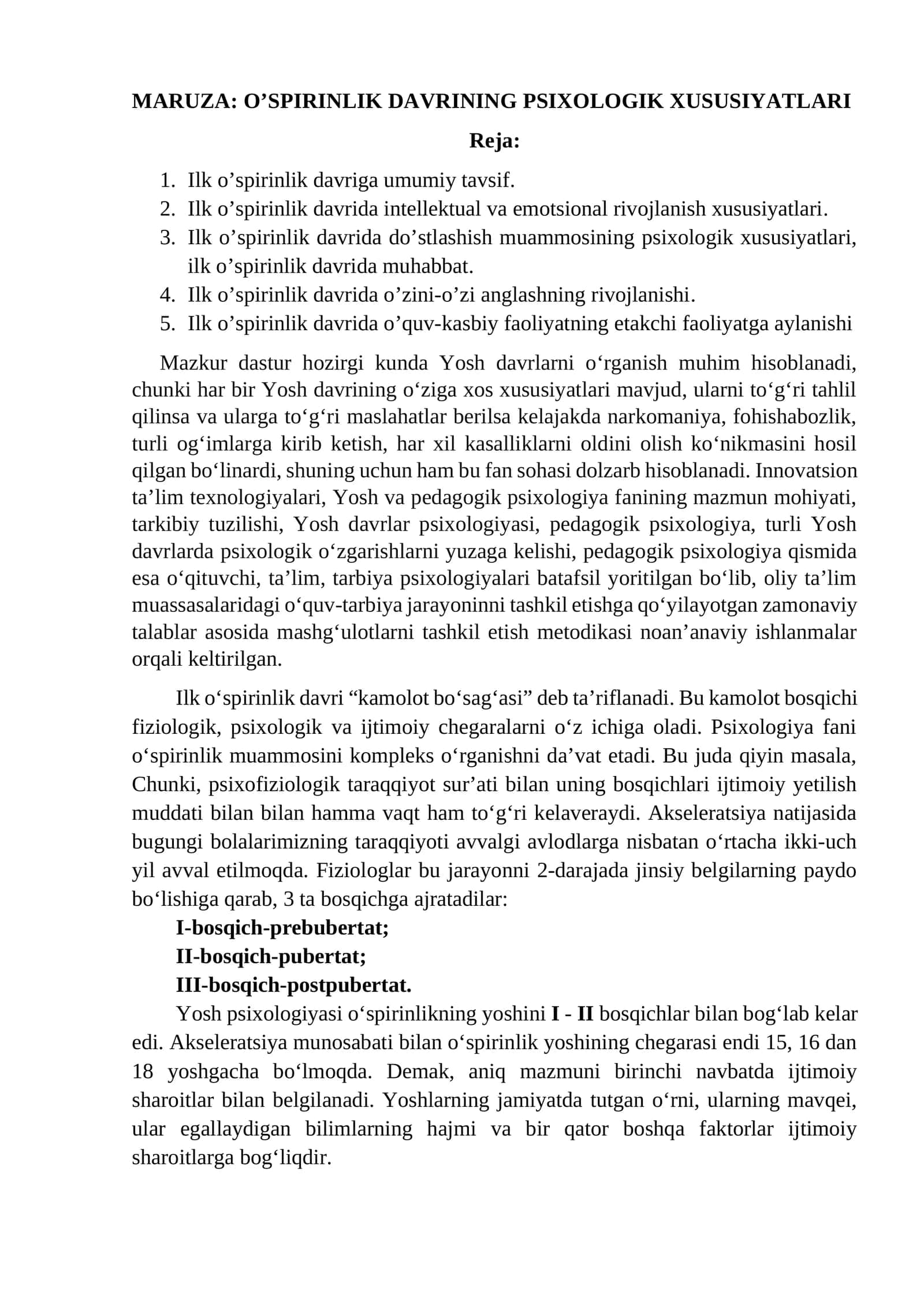 O’SPIRINLIK DAVRINING PSIXOLOGIK XUSUSIYATLARI