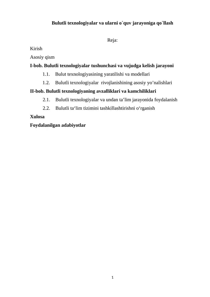 Bulutli texnologiyalar va ularni o`quv jarayoniga qo`llash