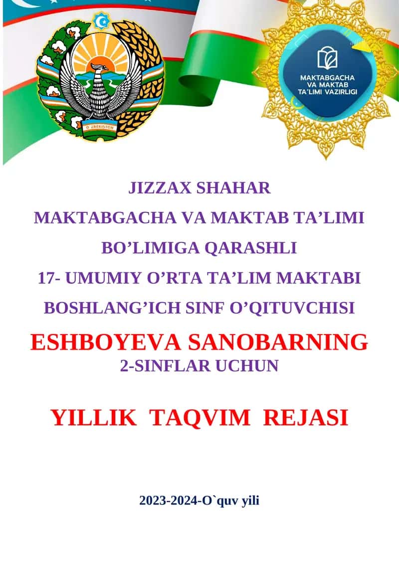 2-SINFLAR UCHUN YILLIK TAQVIM REJASI
