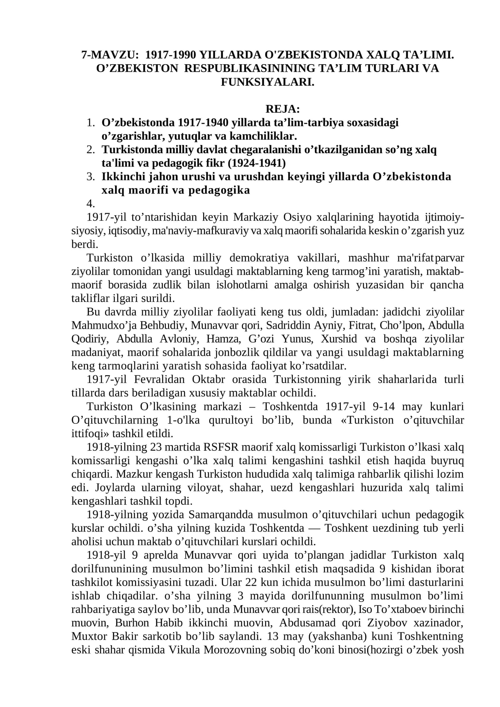 1917-1990 YILLARDA O'ZBEKISTONDA XALQ TA’LIMI. O’ZBEKISTON RESPUBLIKASINING TA’LIM TURLARI VA FUNKSIYALARI