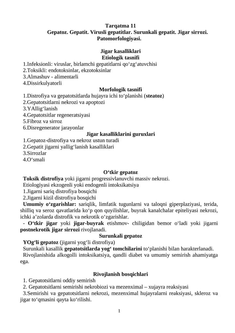 Gepatoz. Gepatit. Virusli gepatitlar. Surunkali gepatit. Jigar sirrozi. Patomorfologiyasi.