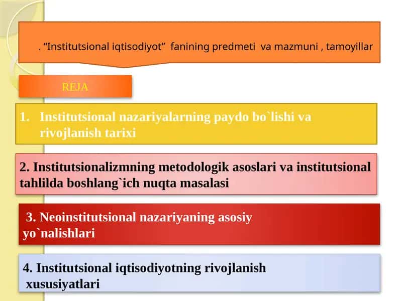 Institutsional iqtisodiyot fanining predmeti va mazmuni, tamoyillar