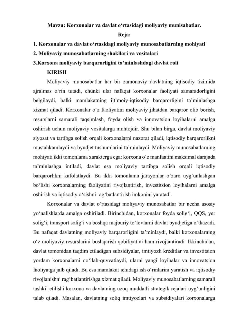 Korxonalar va davlat oʻrtasidagi moliyaviy munisabatlar.