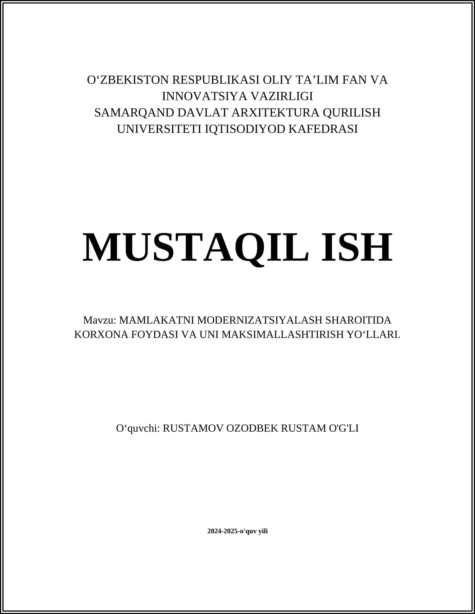 MAMLAKATNI MODERNIZATSIYALASH SHAROITIDA KORXONA FOYDASI VA UNI MAKSIMALLASHTIRISH YO‘LLARI