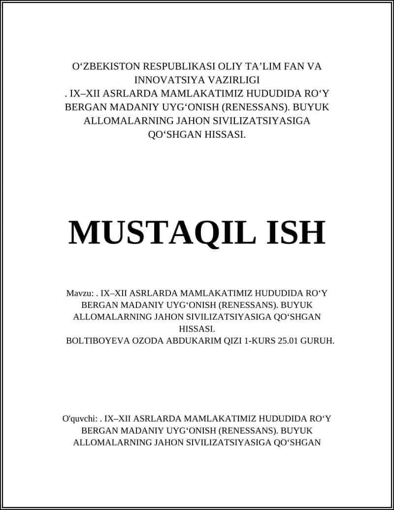 IX–XII ASRLARDA MAMLAKATIMIZ HUDUDIDA RO‘Y BERGAN MADANIY UYG‘ONISH (RENESSANS)