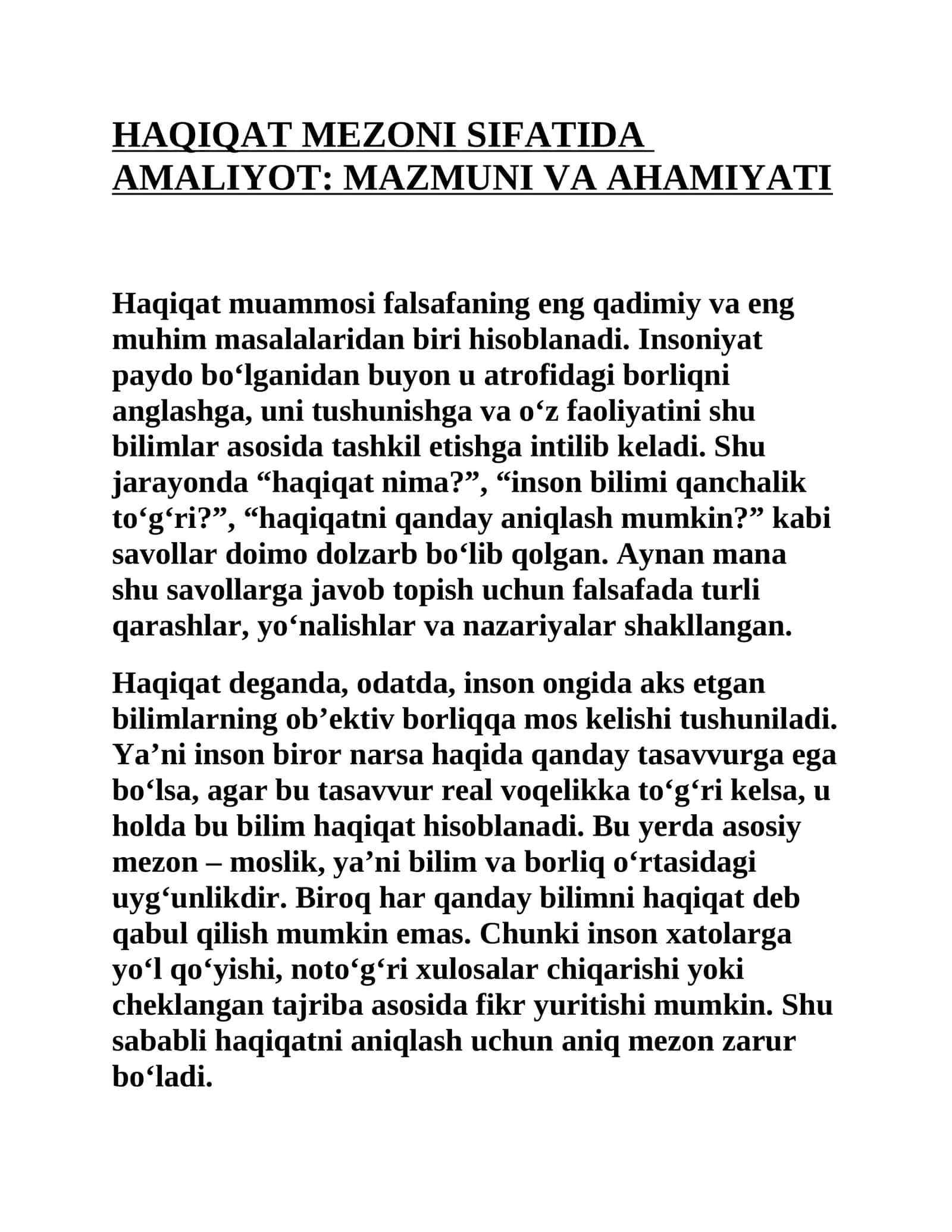 HAQIQAT MEZONI SIFATIDA AMALIYOT: MAZMUNI VA AHAMIYATI