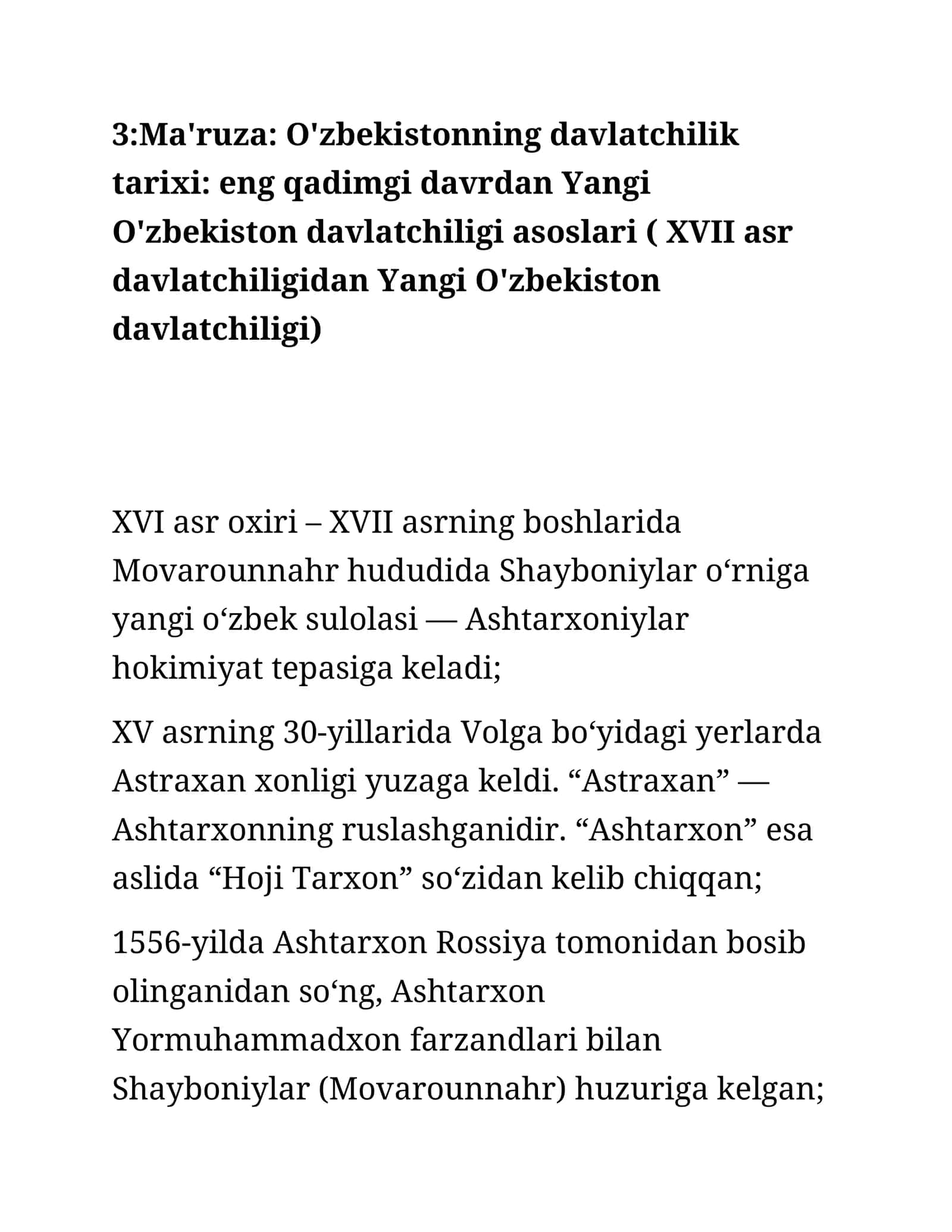 O'zbekistonning davlatchilik tarixi: eng qadimgi davrdan Yangi O'zbekiston davlatchiligi asoslari