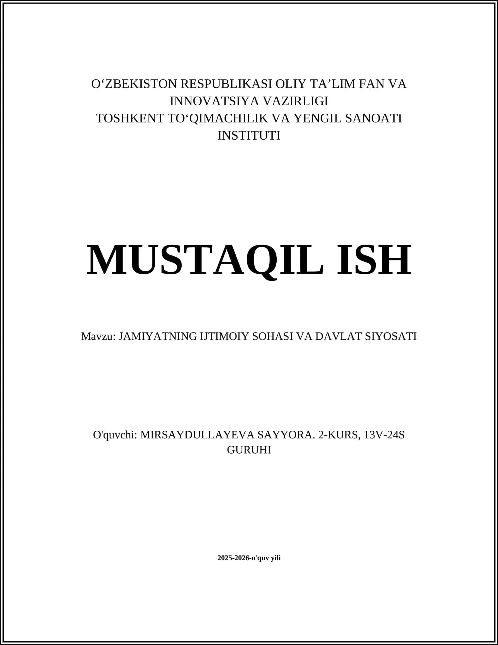 JAMIYATNING IJTIMOIY SOHASI VA DAVLAT SIYOSATI
