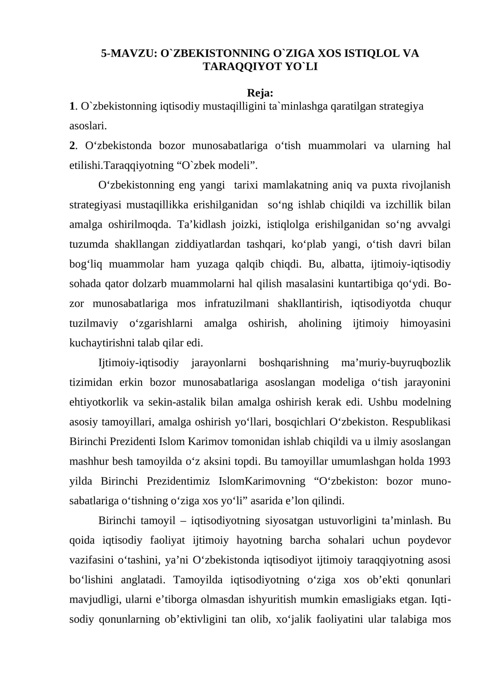 O`ZBEKISTONNING O`ZIGA XOS ISTIQLOL VA TARAQQIYOT YO`LI