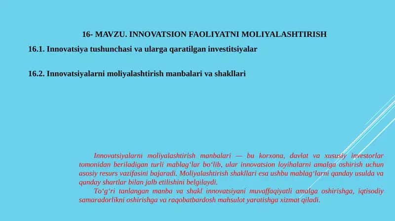 INNOVATSION FAOLIYATNI MOLIYALASHTIRISH