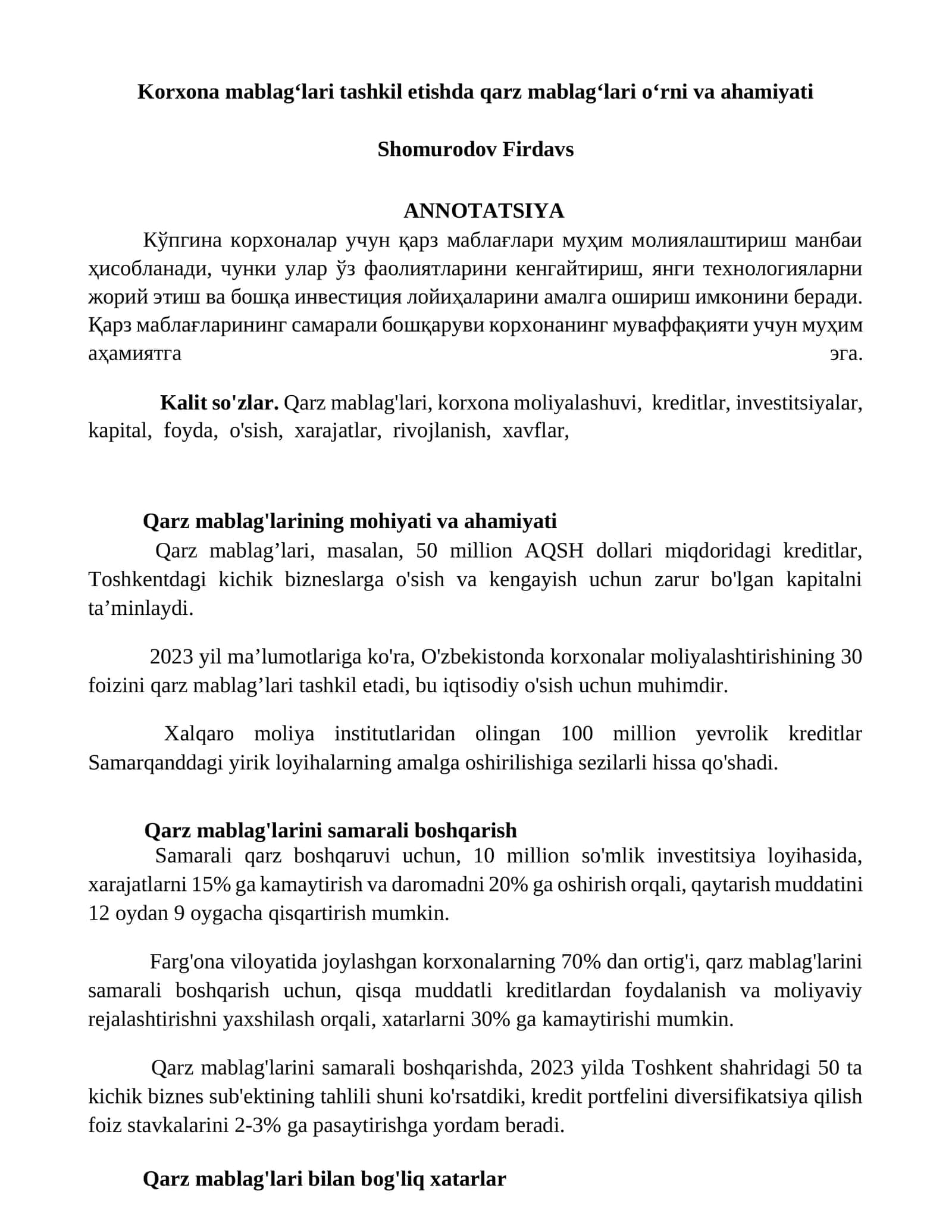 Qarz mablag'lari tashkil etishda qarz mablag'lari o'rni va ahamiyati