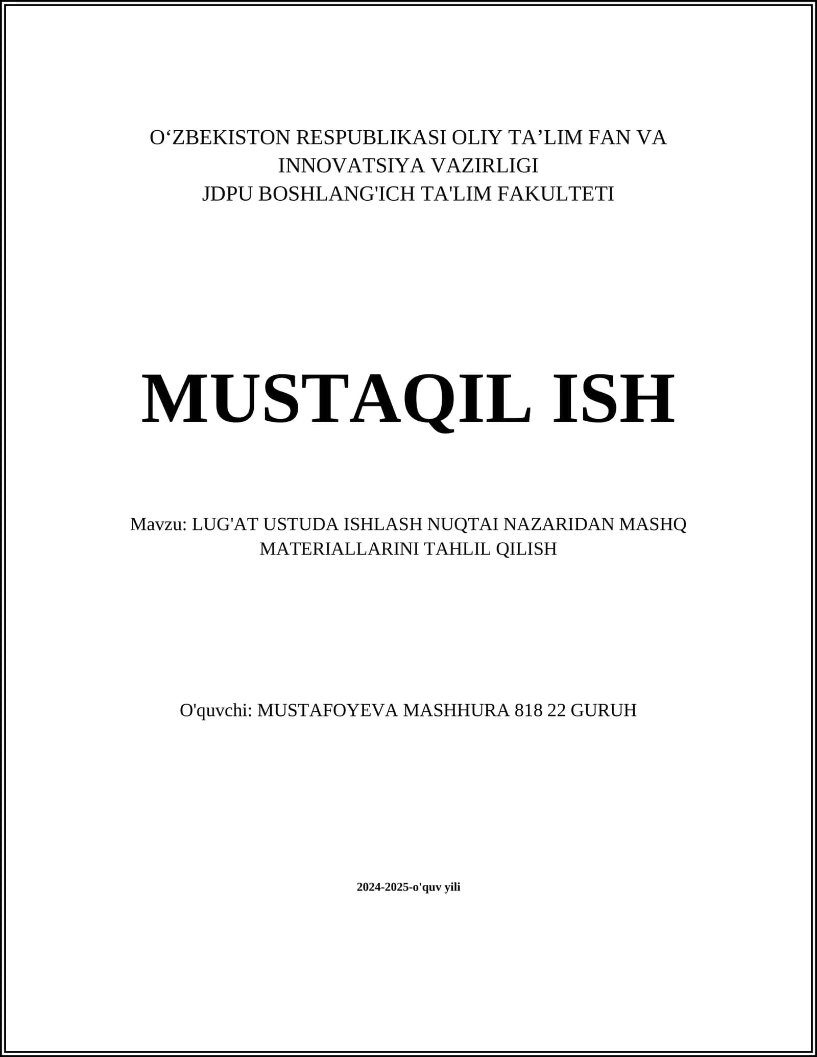 LUG'AT USTUDA ISHLASH NUQTAI NAZARIDAN MASHQ MATERIALLARINI TAHLIL QILISH